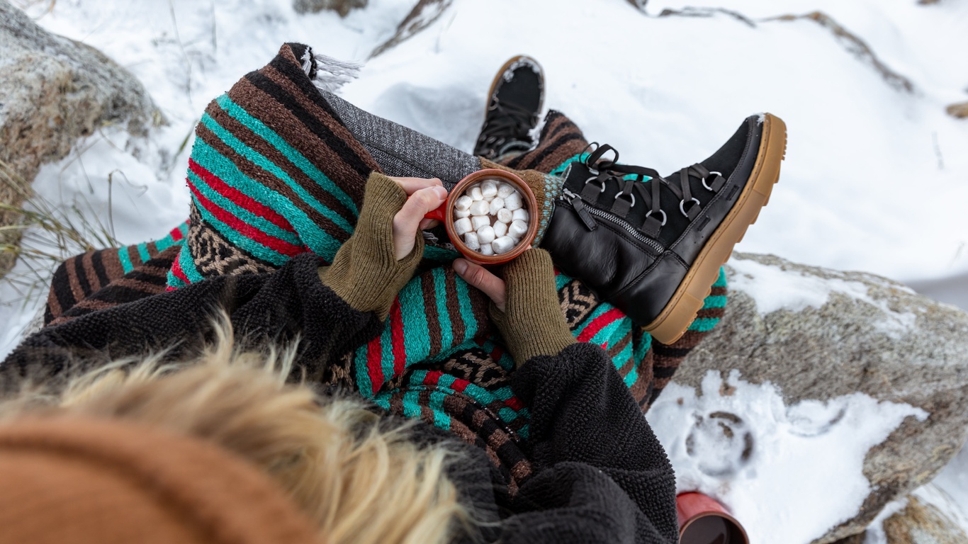 winter boots, women, winter, coffee with marshmallow