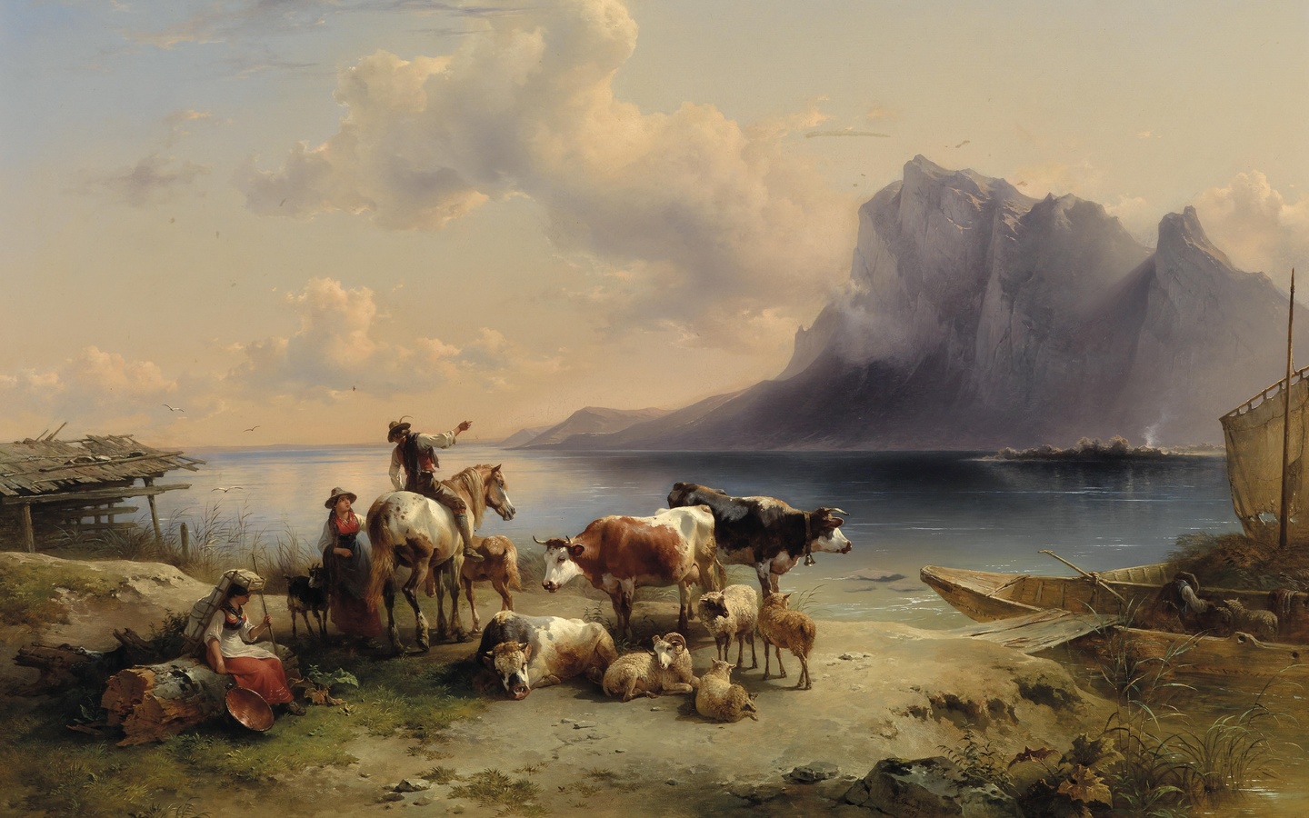 friedrich gauermann, austrian, 1852, shepherds and cattle at lake attersee