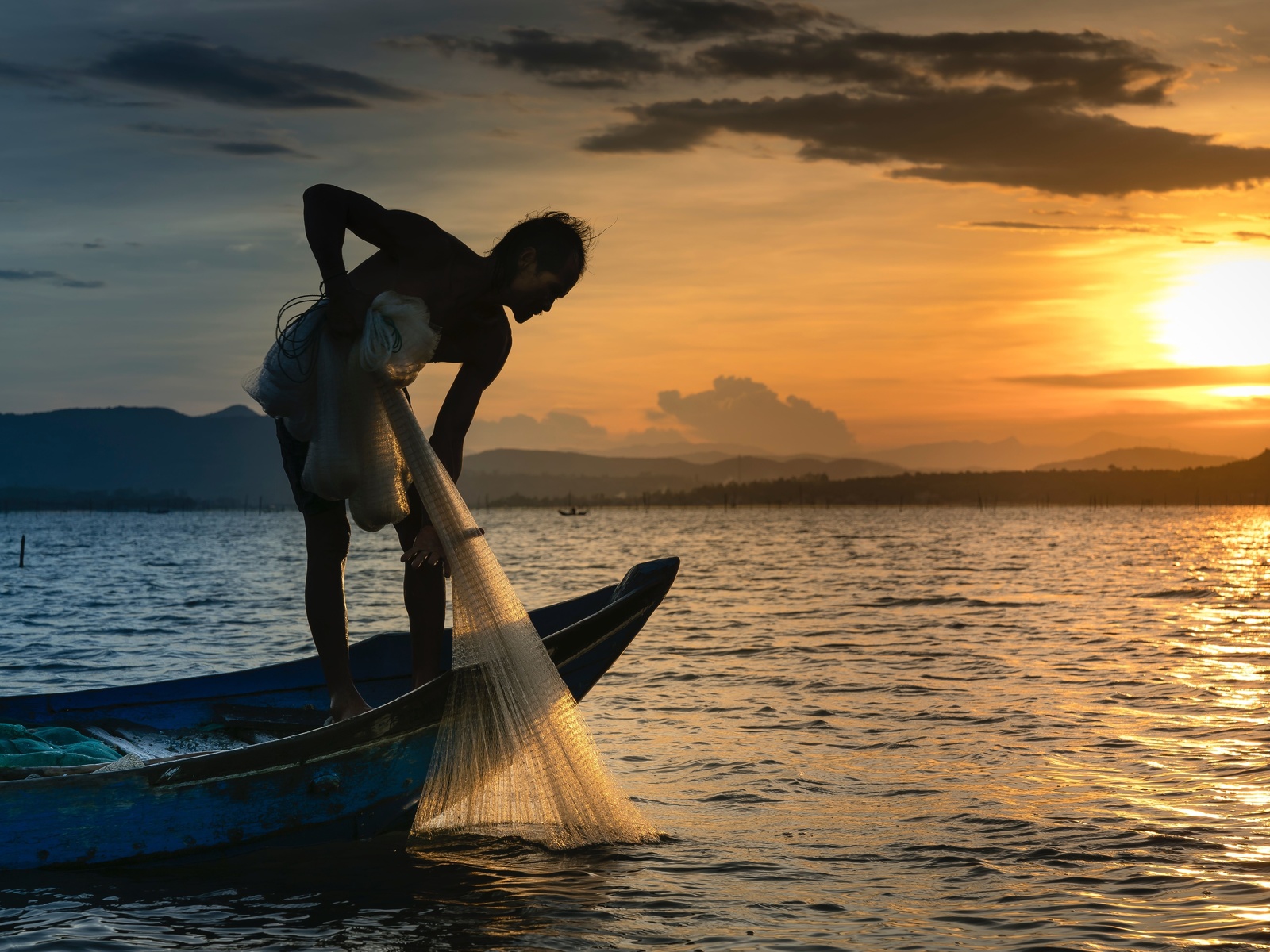 fish, boat, fishermen, fishing, lake, fish net