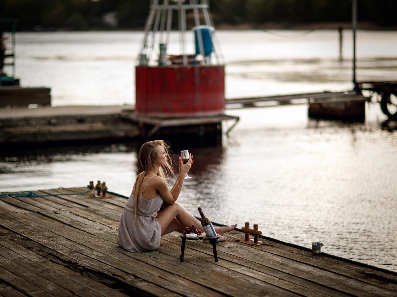 women, blonde, model, women outdoors, dress, glass of wine, wine, grapes, barefoot, lake