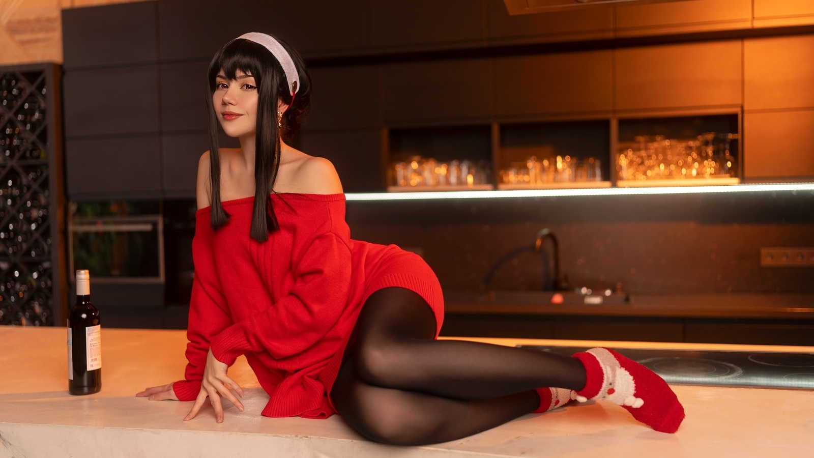 anastasia komori, women, cosplay, model, brunette, women indoors, yor forger, spy x family, anime girls, kitchen, red dress, headband, pantyhose, bare shoulders, black pantyhose, sweater, red sweater