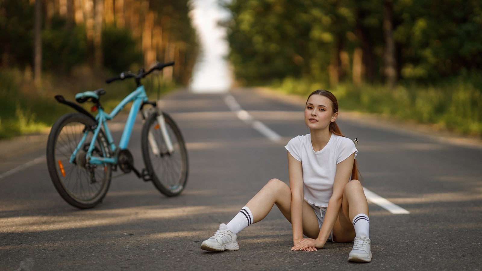 sergey sergeev, nadezhda tretyakova, tattoo, women outdoors, road, trees, redhead, women, model, bicycle, nature, short tops, short shorts, shorts, socks, sneakers, butterfly