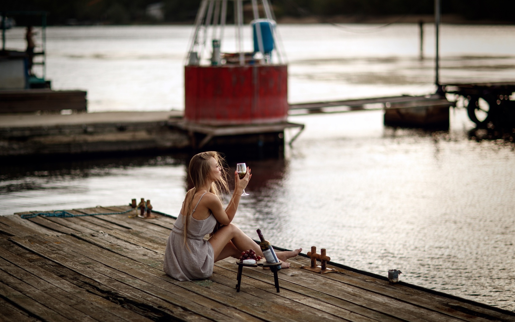 women, blonde, model, women outdoors, dress, glass of wine, wine, grapes, barefoot, lake