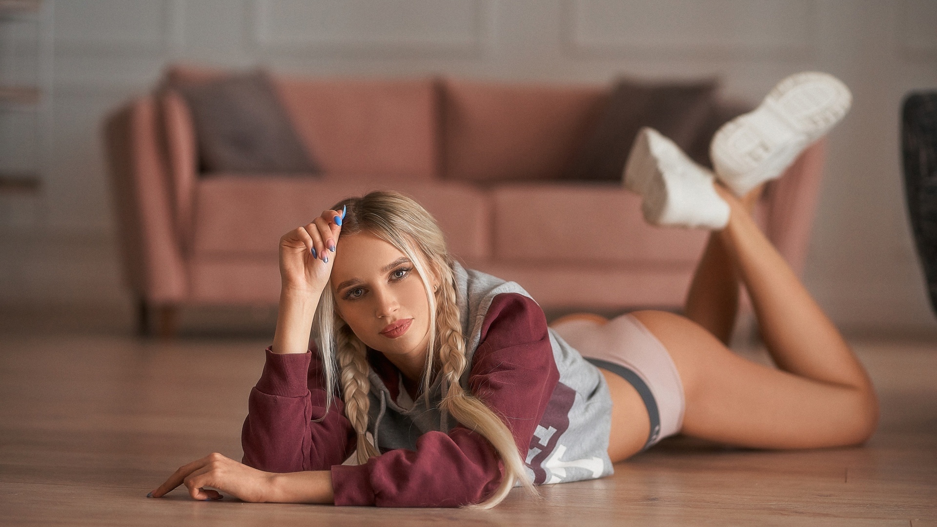 blonde, model, women, women indoors, ass, panties, sneakers, couch, braids, sweatshirt, hips