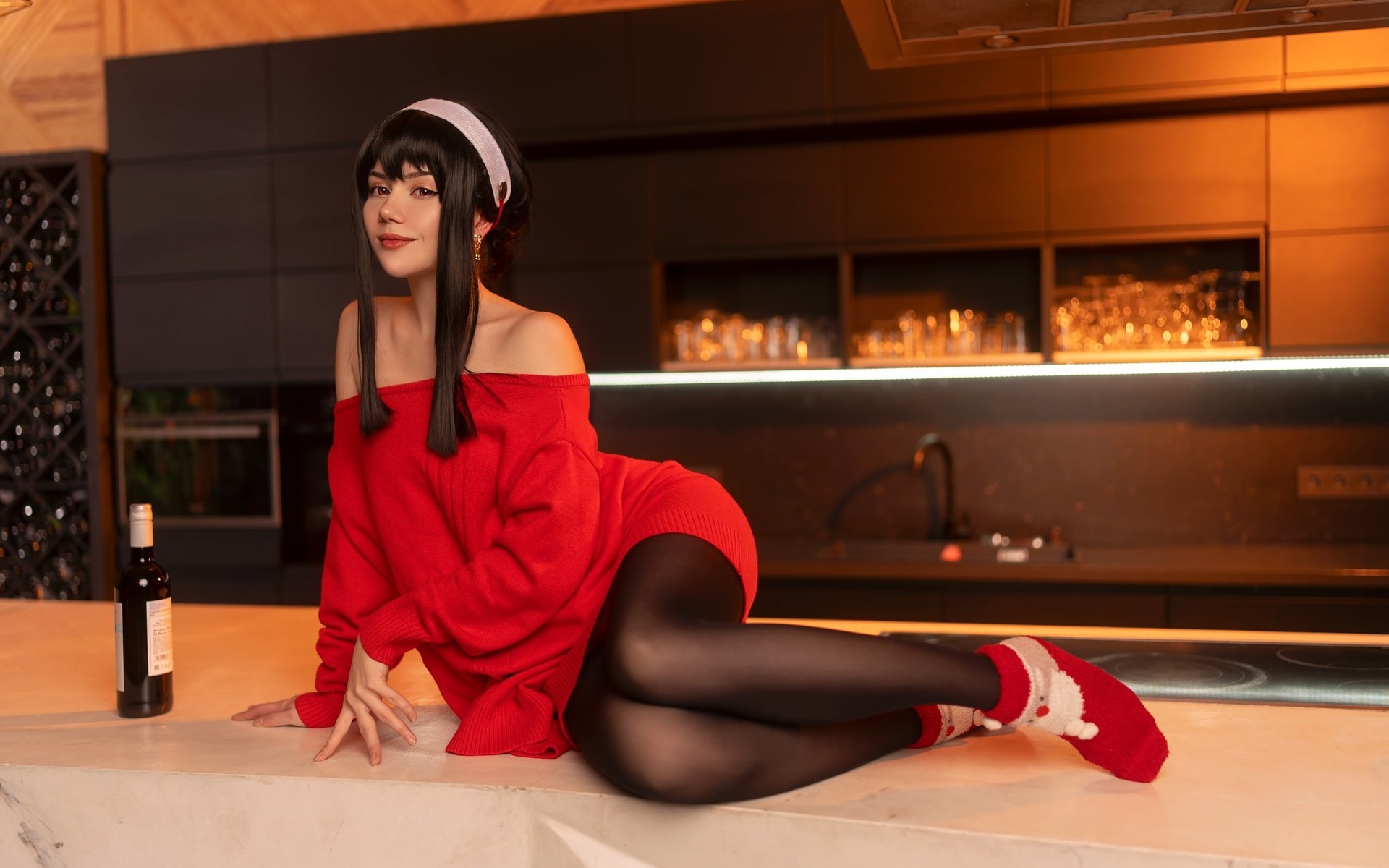 anastasia komori, women, cosplay, model, brunette, women indoors, yor forger, spy x family, anime girls, kitchen, red dress, headband, pantyhose, bare shoulders, black pantyhose, sweater, red sweater