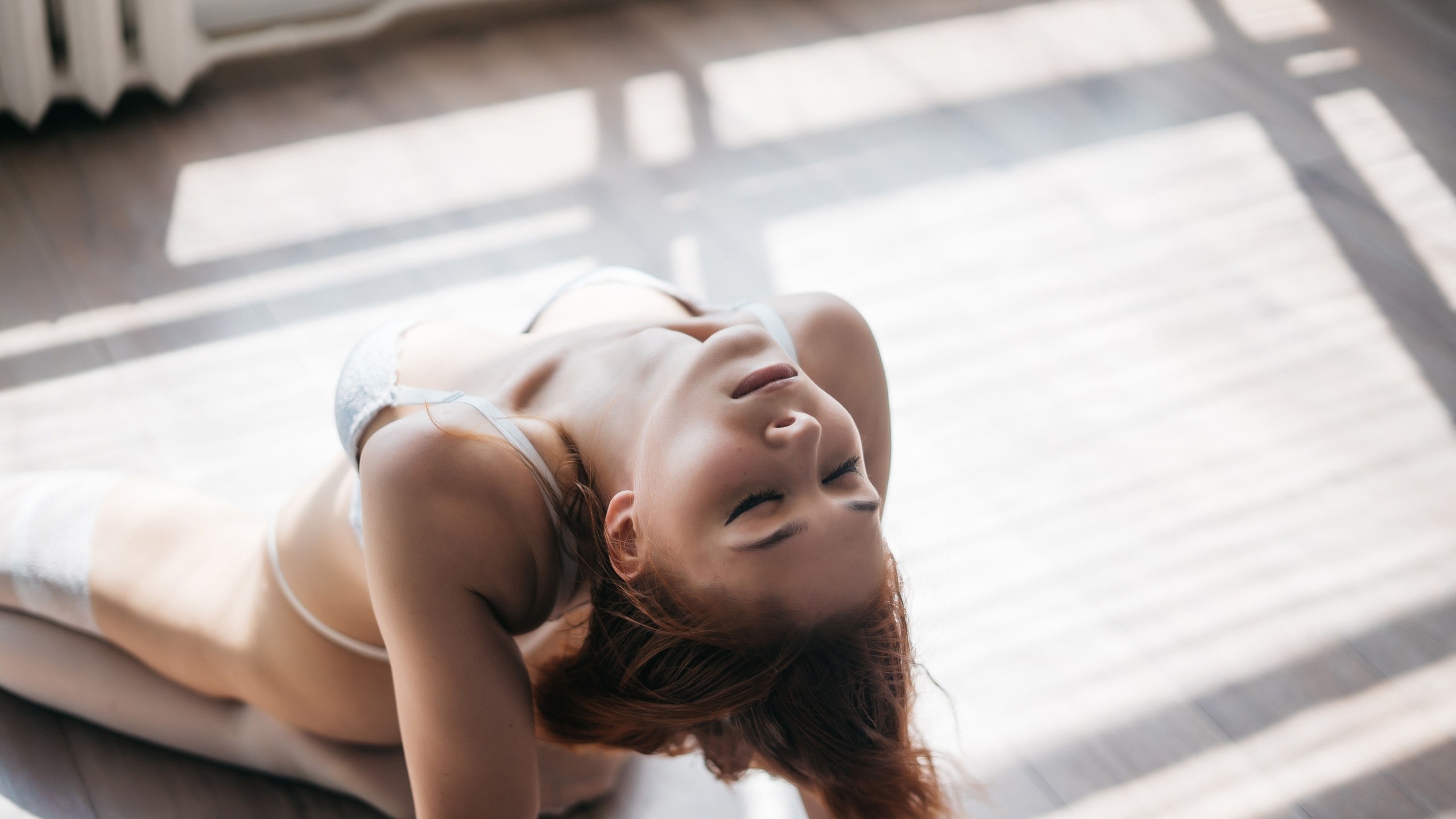 women, model, redhead, women indoors, closed eyes, white lingerie, white bra, white panties, white stockings, arched back, kneeling