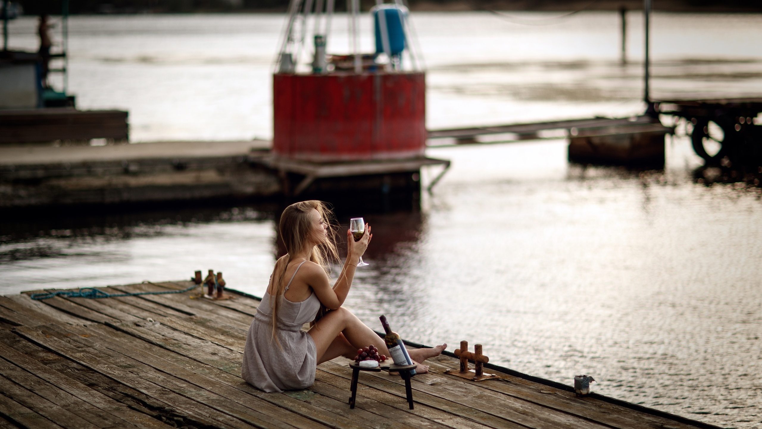 women, blonde, model, women outdoors, dress, glass of wine, wine, grapes, barefoot, lake