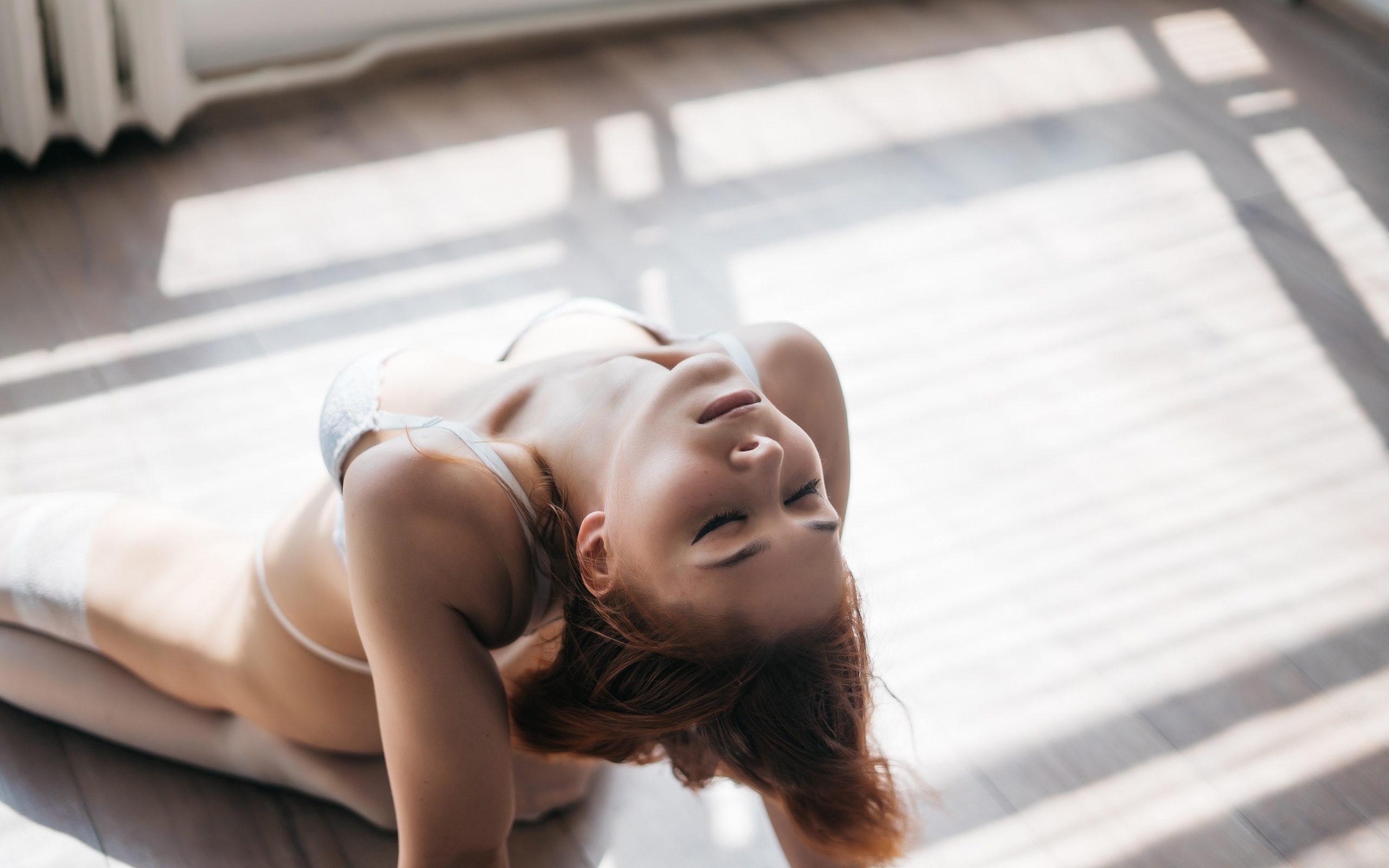 women, model, redhead, women indoors, closed eyes, white lingerie, white bra, white panties, white stockings, arched back, kneeling