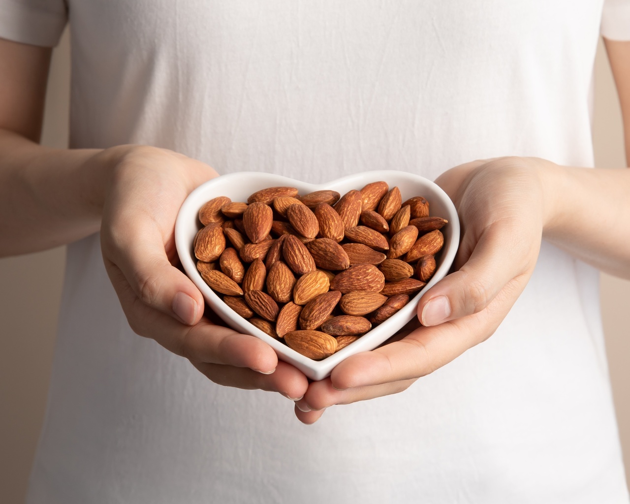 nuts, heart shaped bowl, almonds