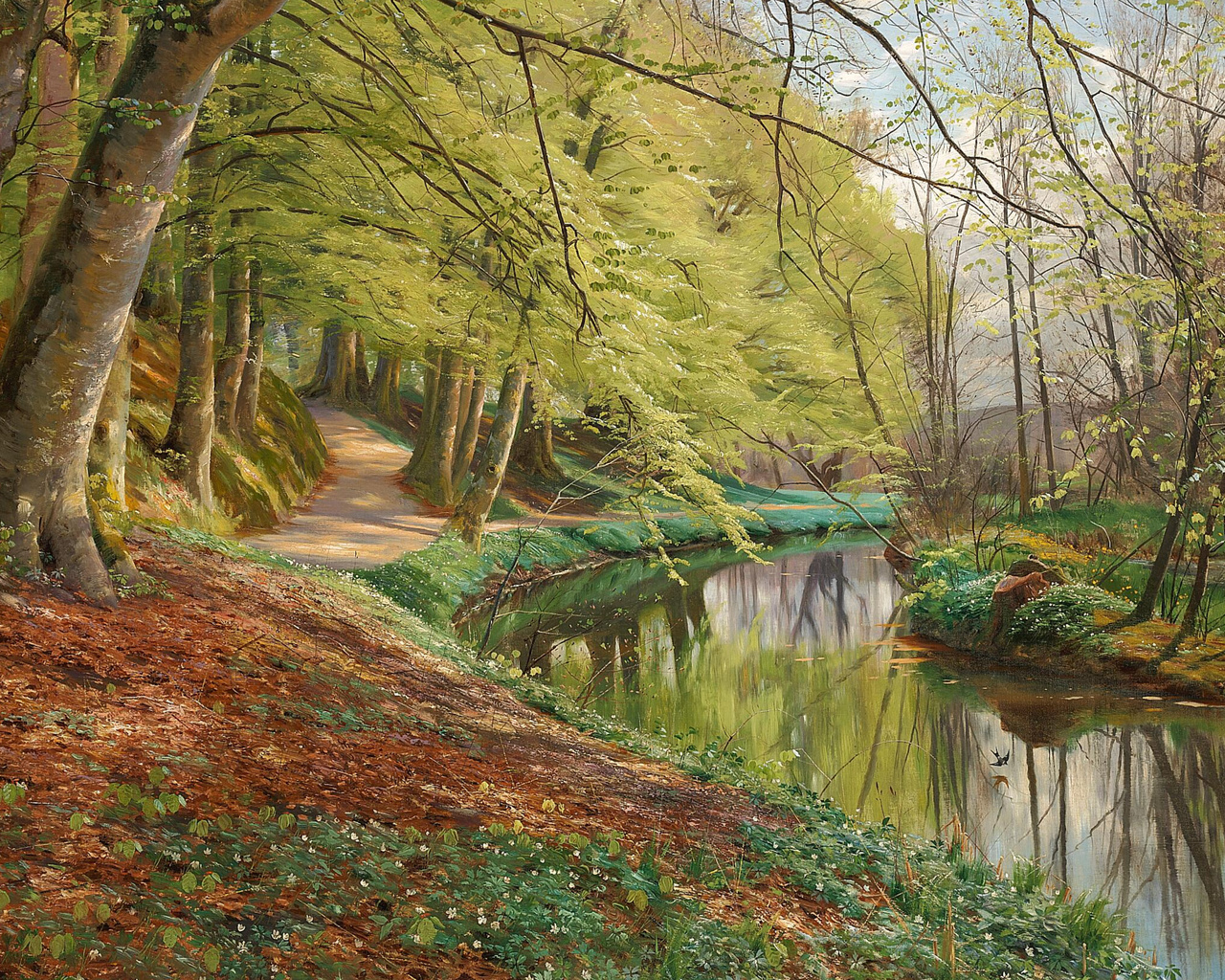 peder mork monsted, danish, 1898, a river running through a forest with beech trees and white anemones