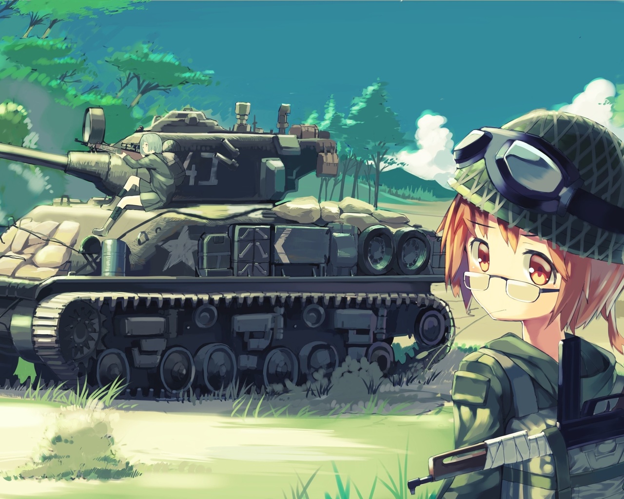 Картинки anime, tank, military, war girls - обои 1280x1024, картинка №514498