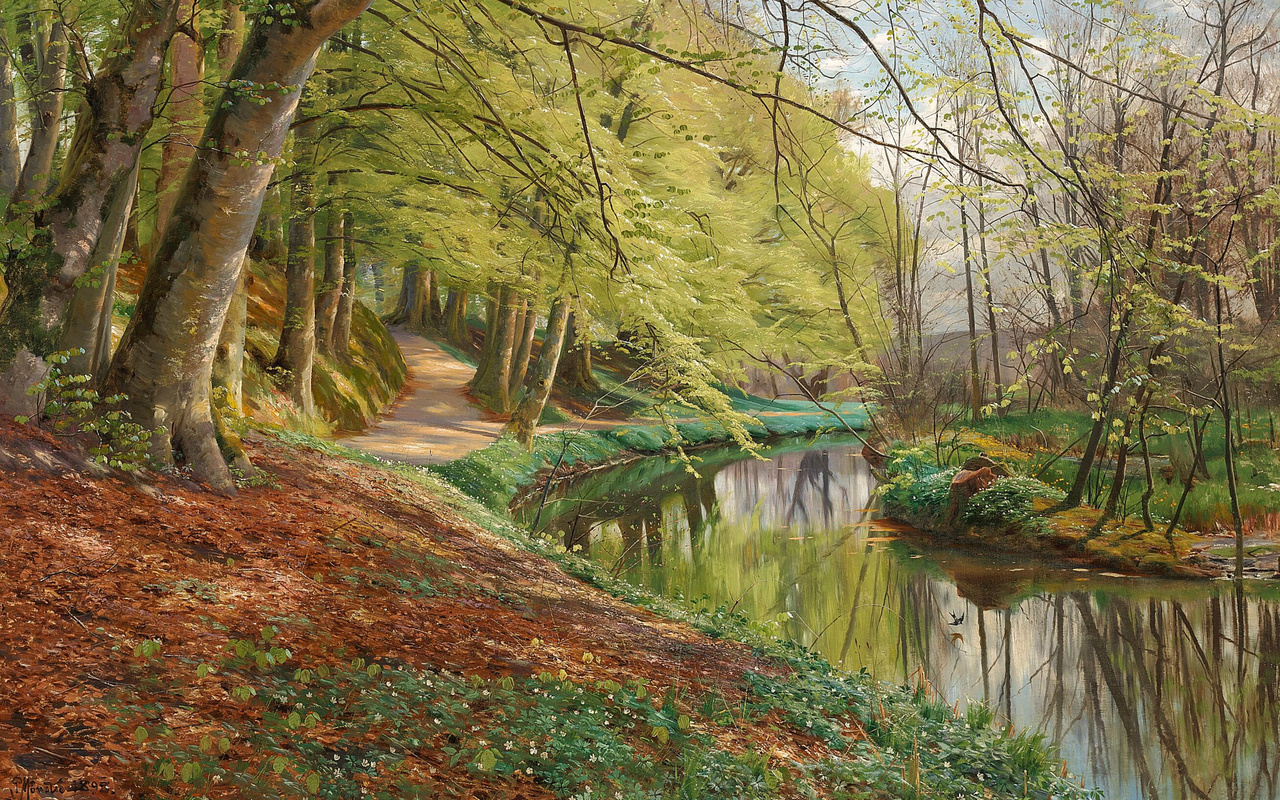 peder mork monsted, danish, 1898, a river running through a forest with beech trees and white anemones