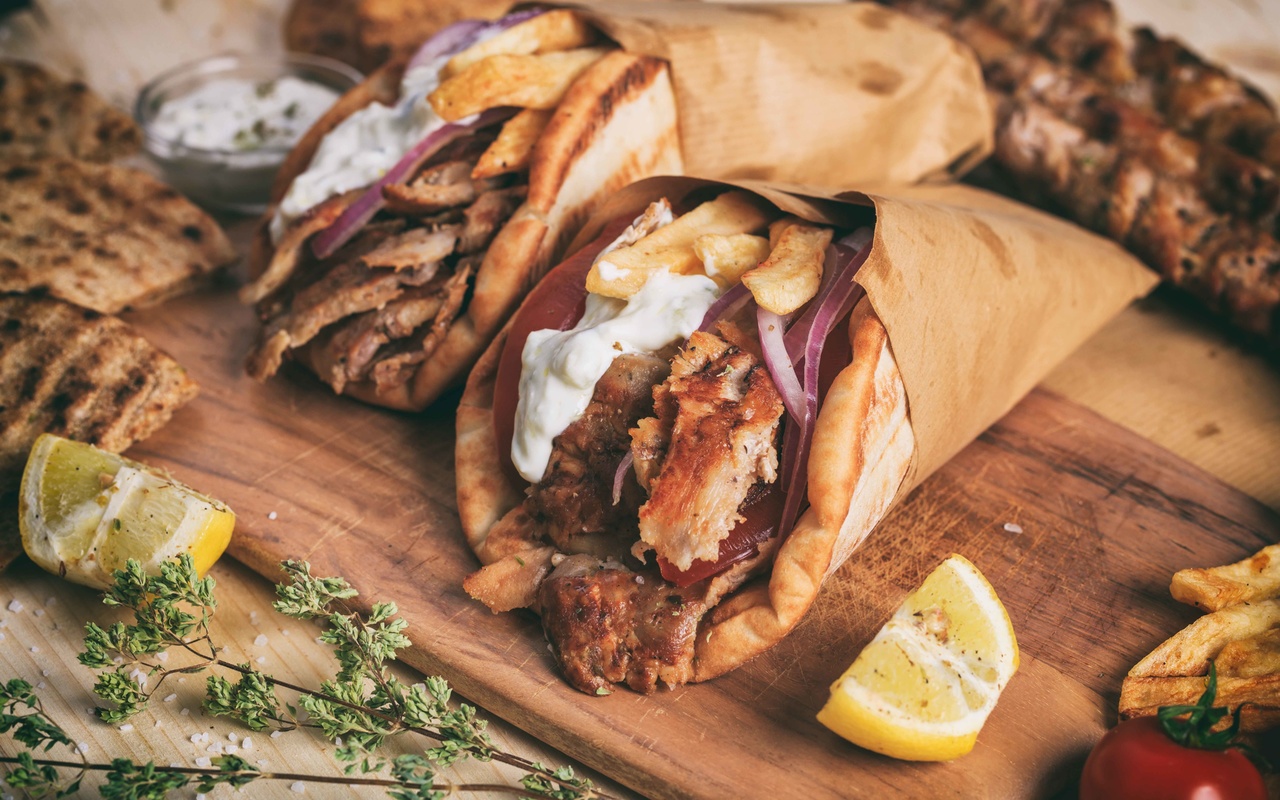 gyros, greek cuisine, french fries, tzatziki