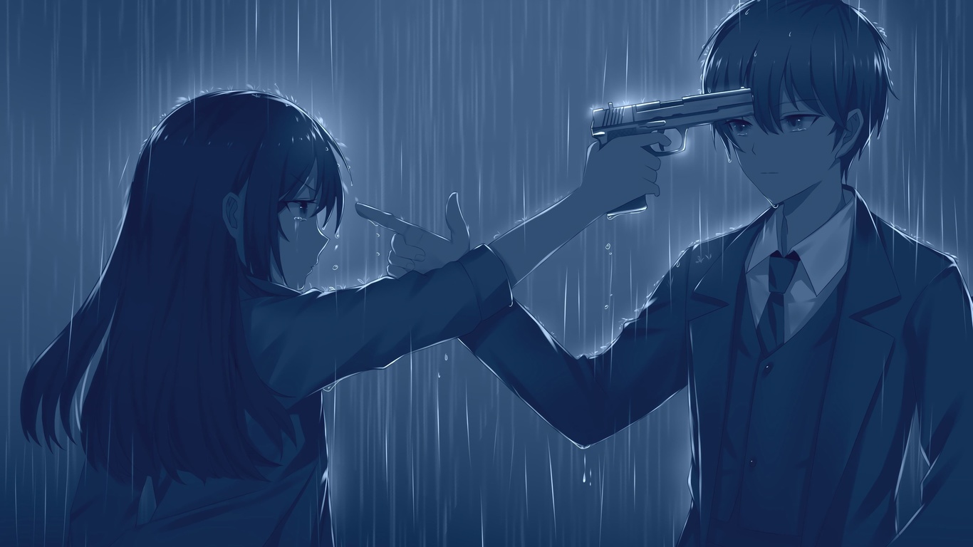 anime, rain girl, gun