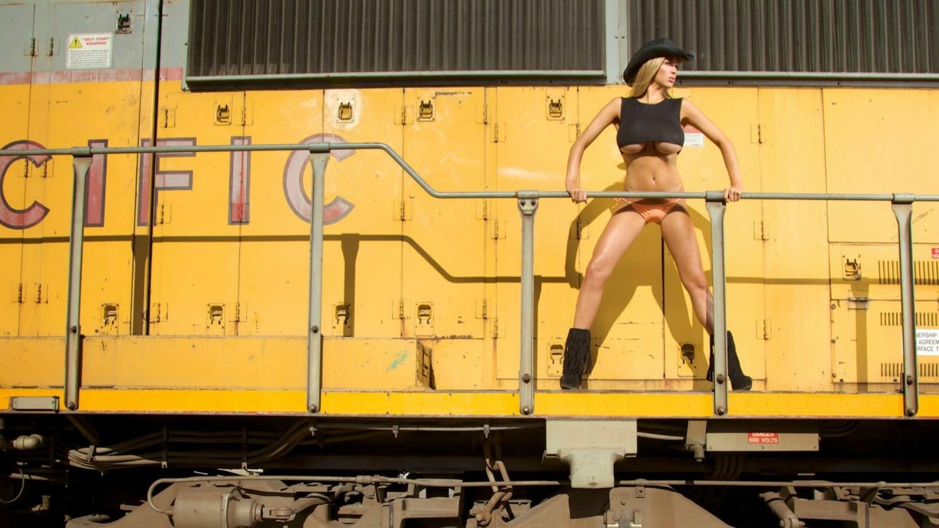 train, black hat, jordan carver, underboob, black shirt, orange  panties, boots