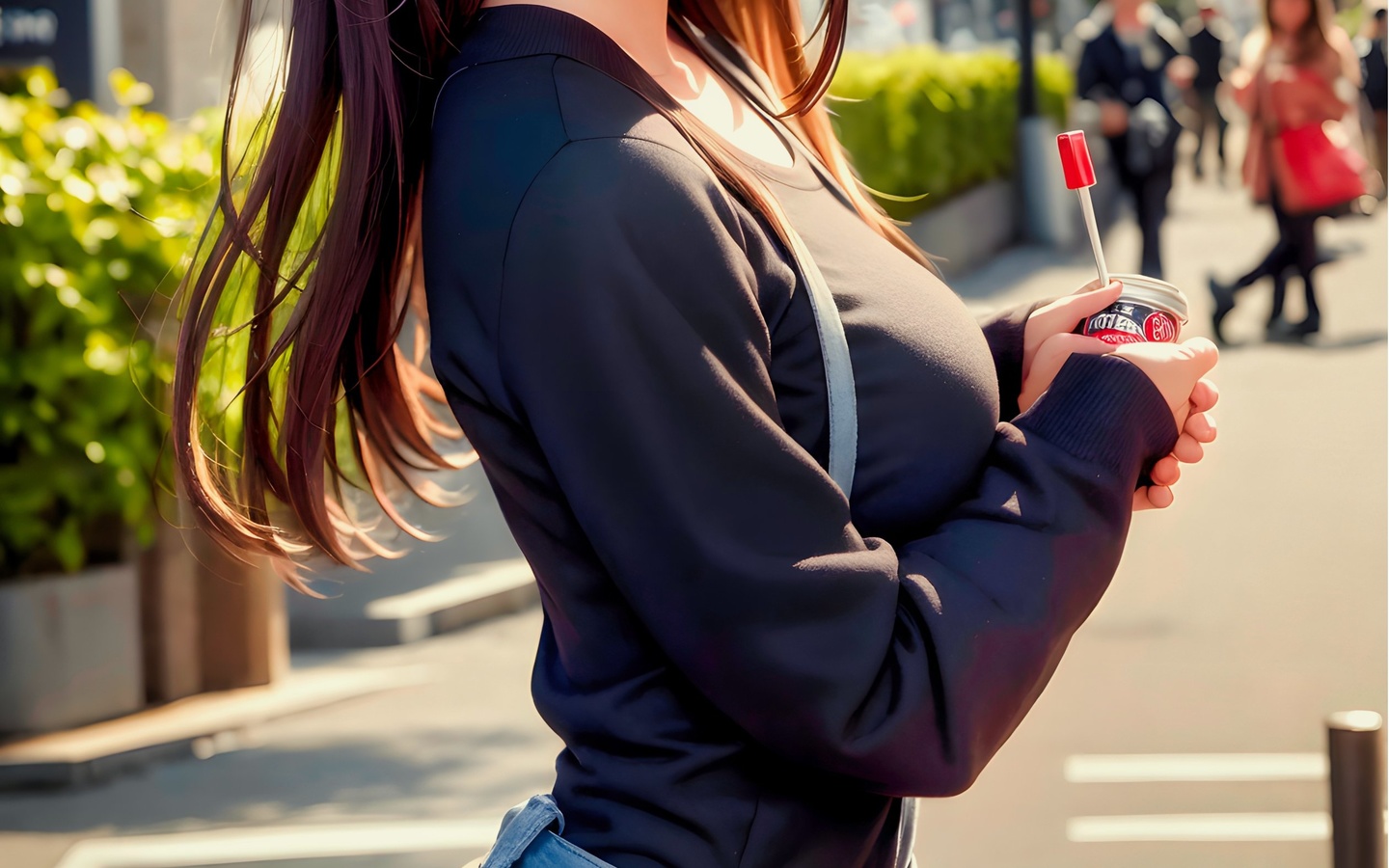 stable diffusion, women, brunette, ai art, digital art, asian, jean shorts, street, handbags, trees, building