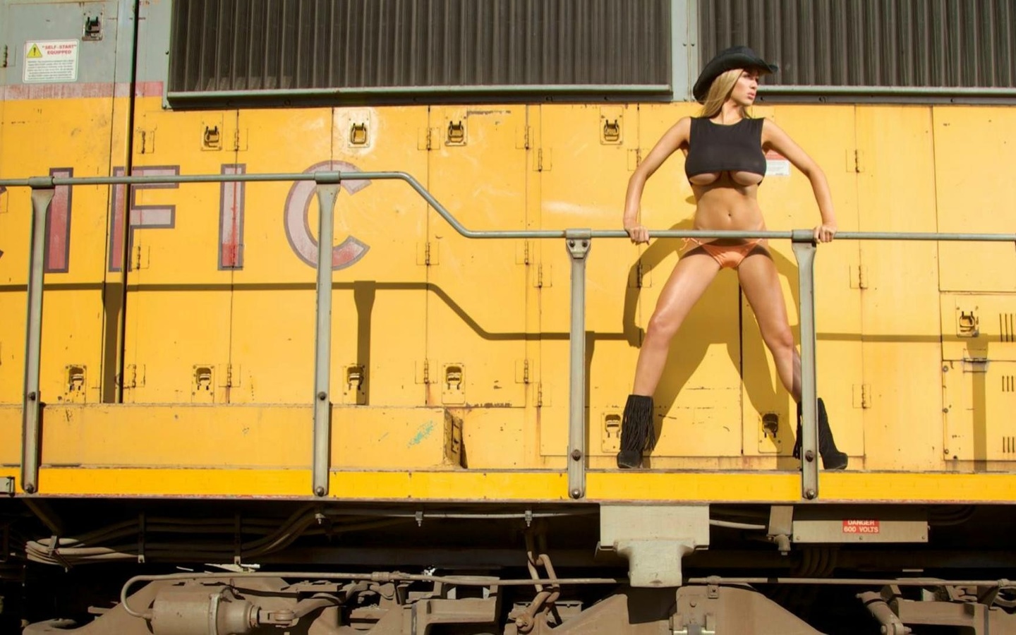 train, black hat, jordan carver, underboob, black shirt, orange  panties, boots