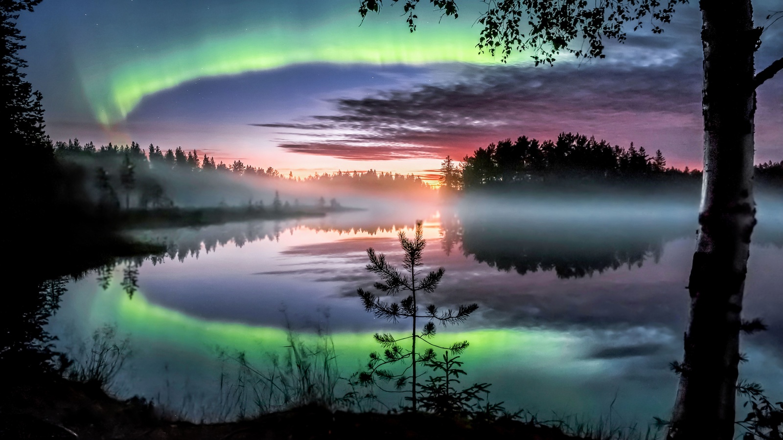 unfrozen lake, northern lights, nurmes, north karelia, finland