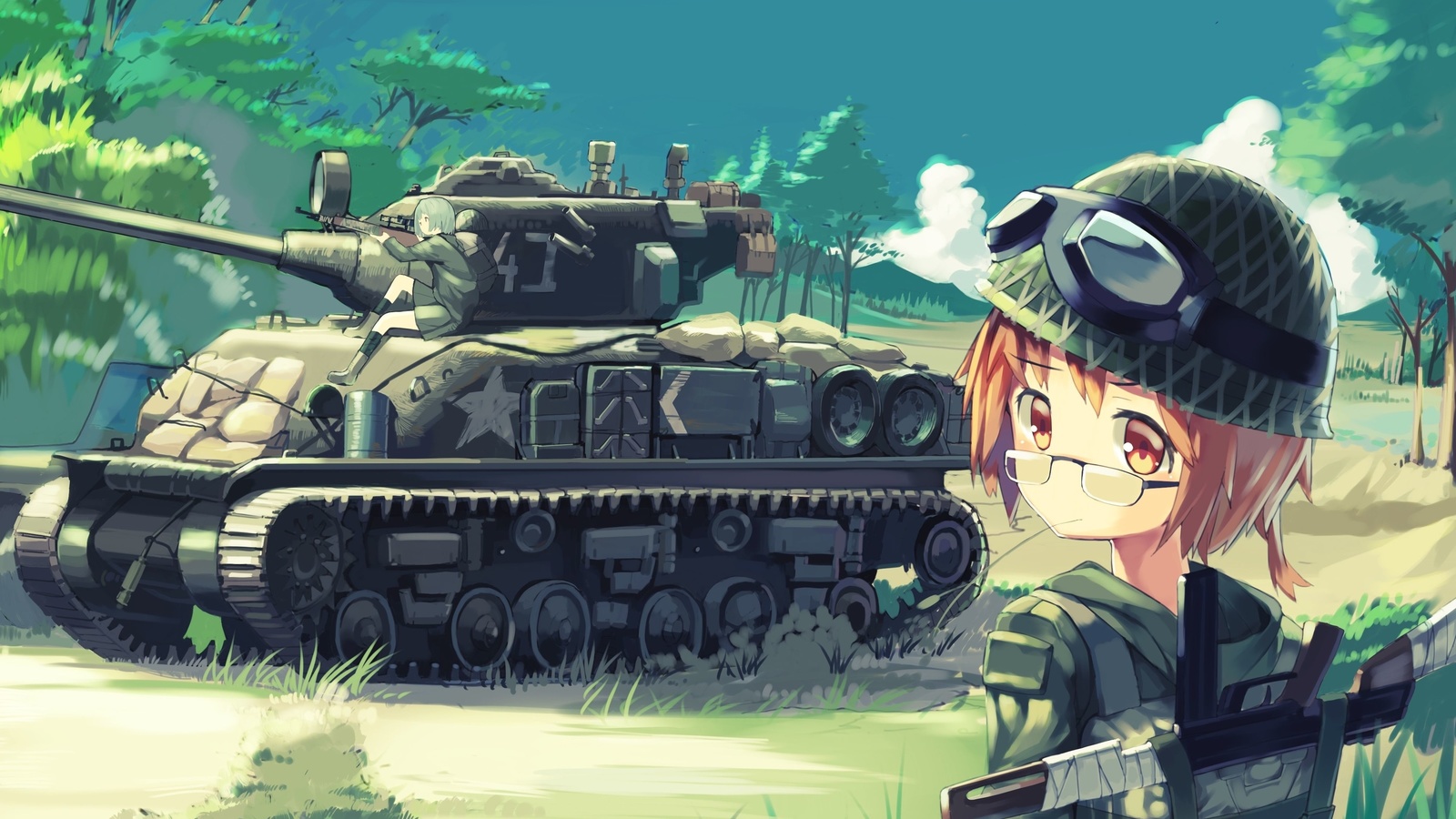 Картинки anime, tank, military, war girls - обои 1600x900, картинка №514498