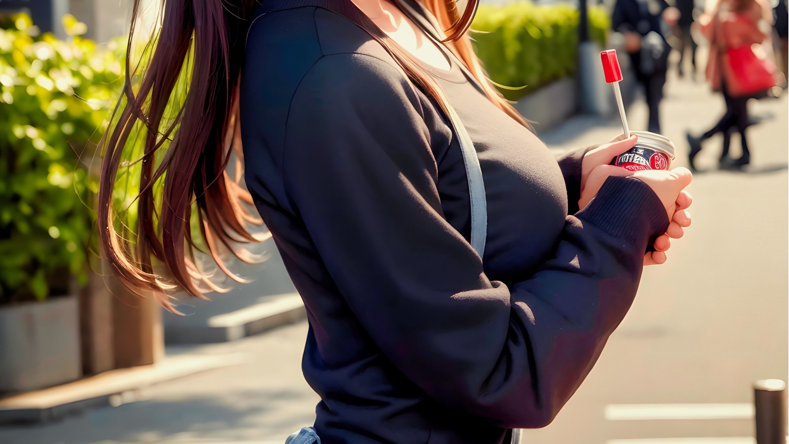 stable diffusion, women, brunette, ai art, digital art, asian, jean shorts, street, handbags, trees, building