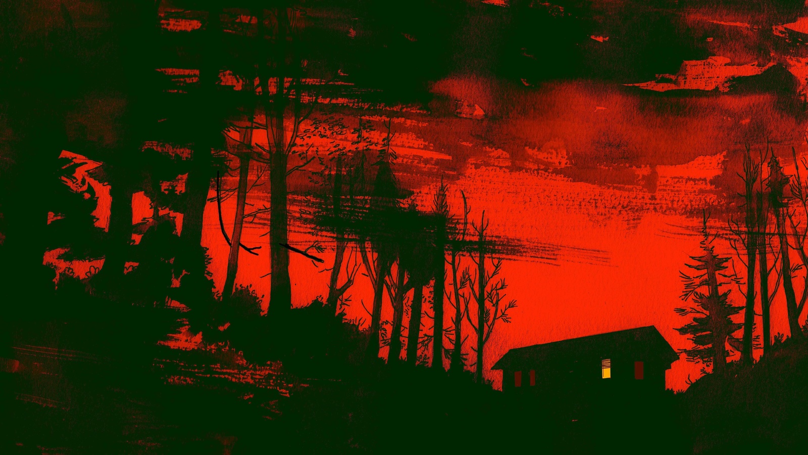 red, cabin in the woods, twilight