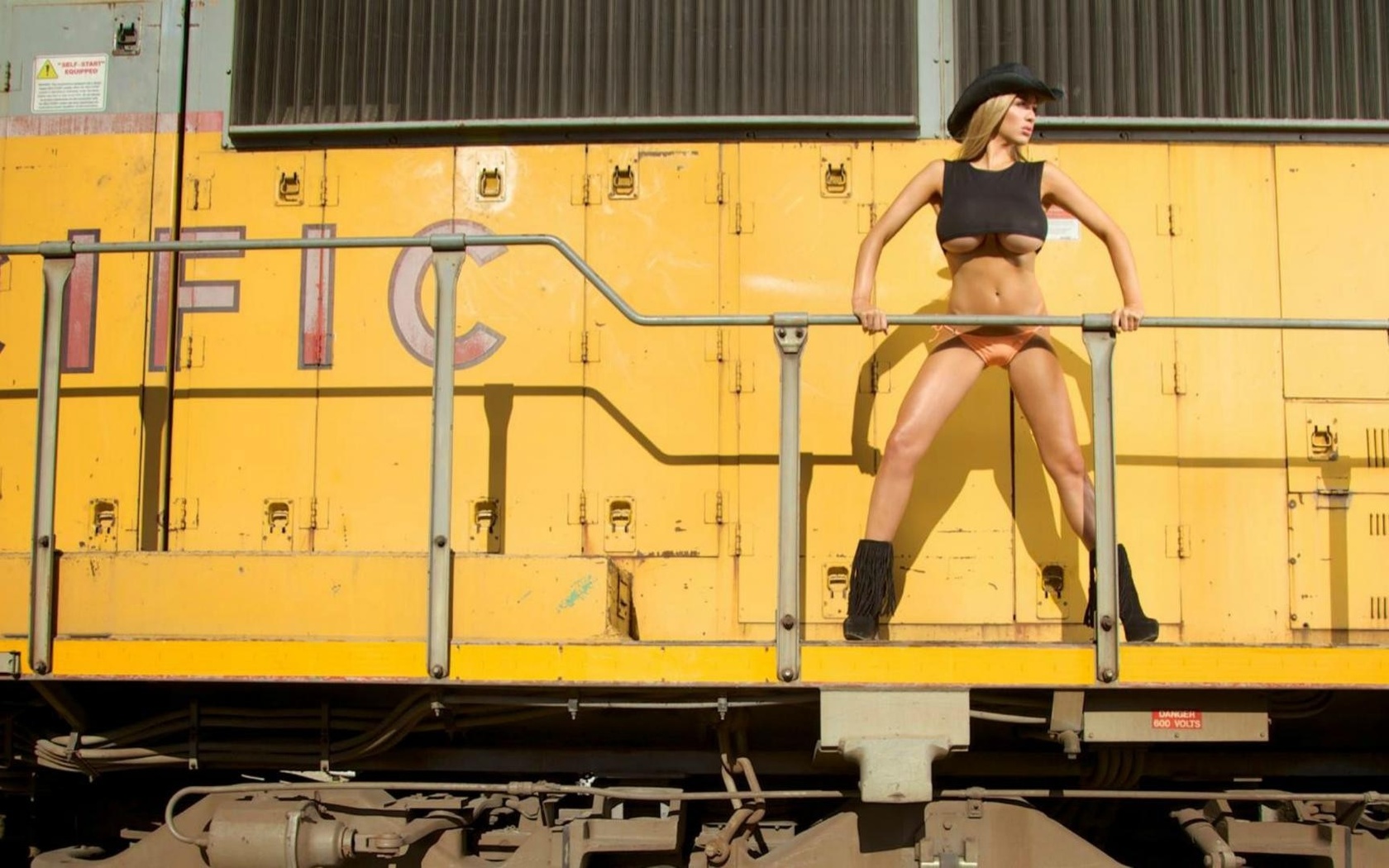 train, black hat, jordan carver, underboob, black shirt, orange  panties, boots