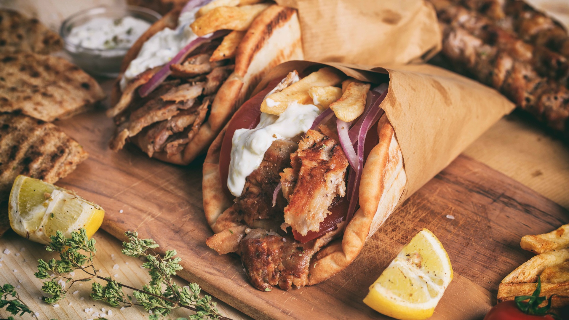 gyros, greek cuisine, french fries, tzatziki