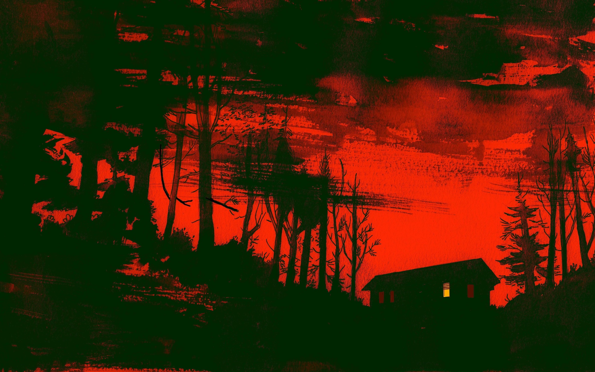 red, cabin in the woods, twilight