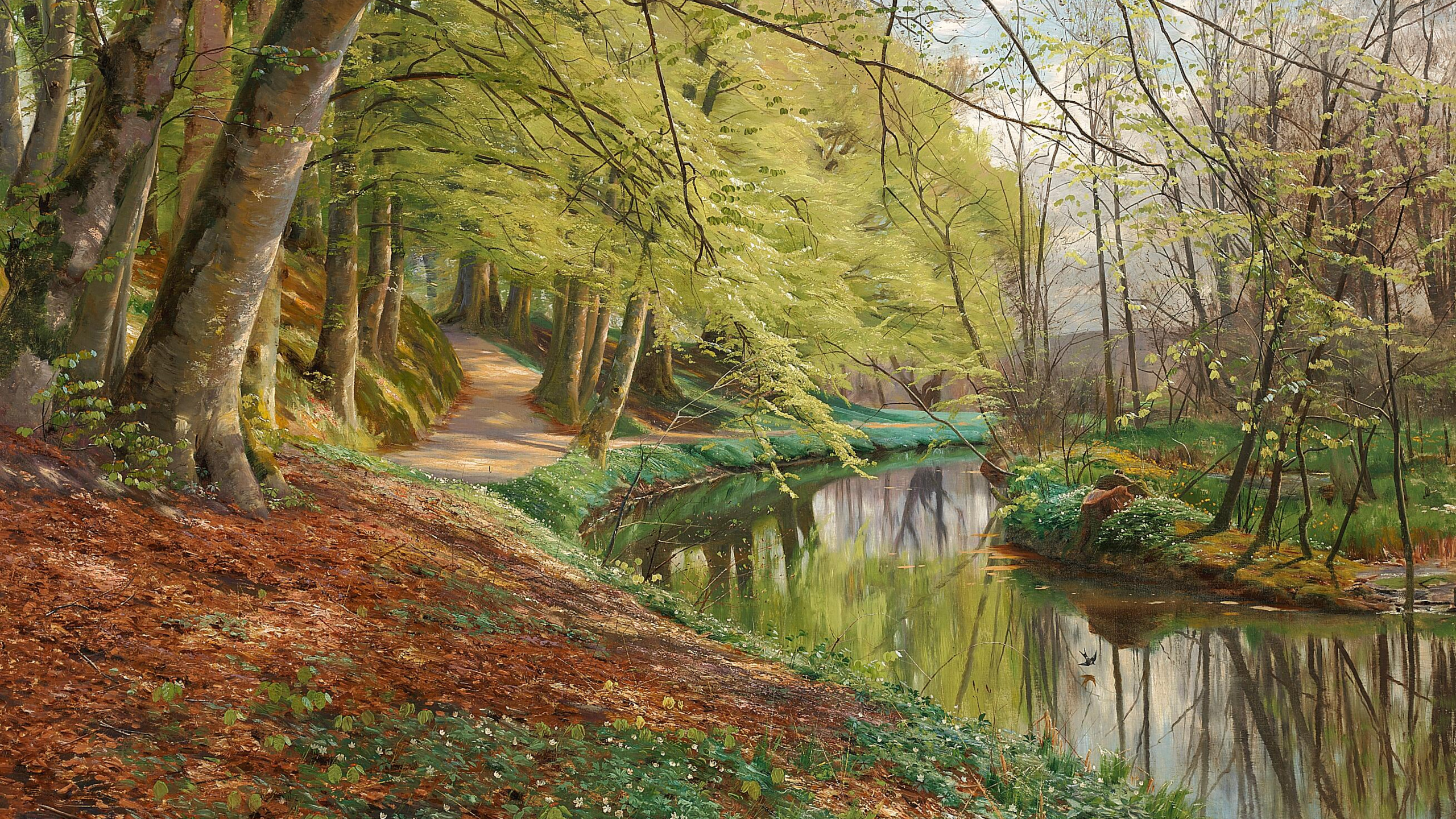 peder mork monsted, danish, 1898, a river running through a forest with beech trees and white anemones