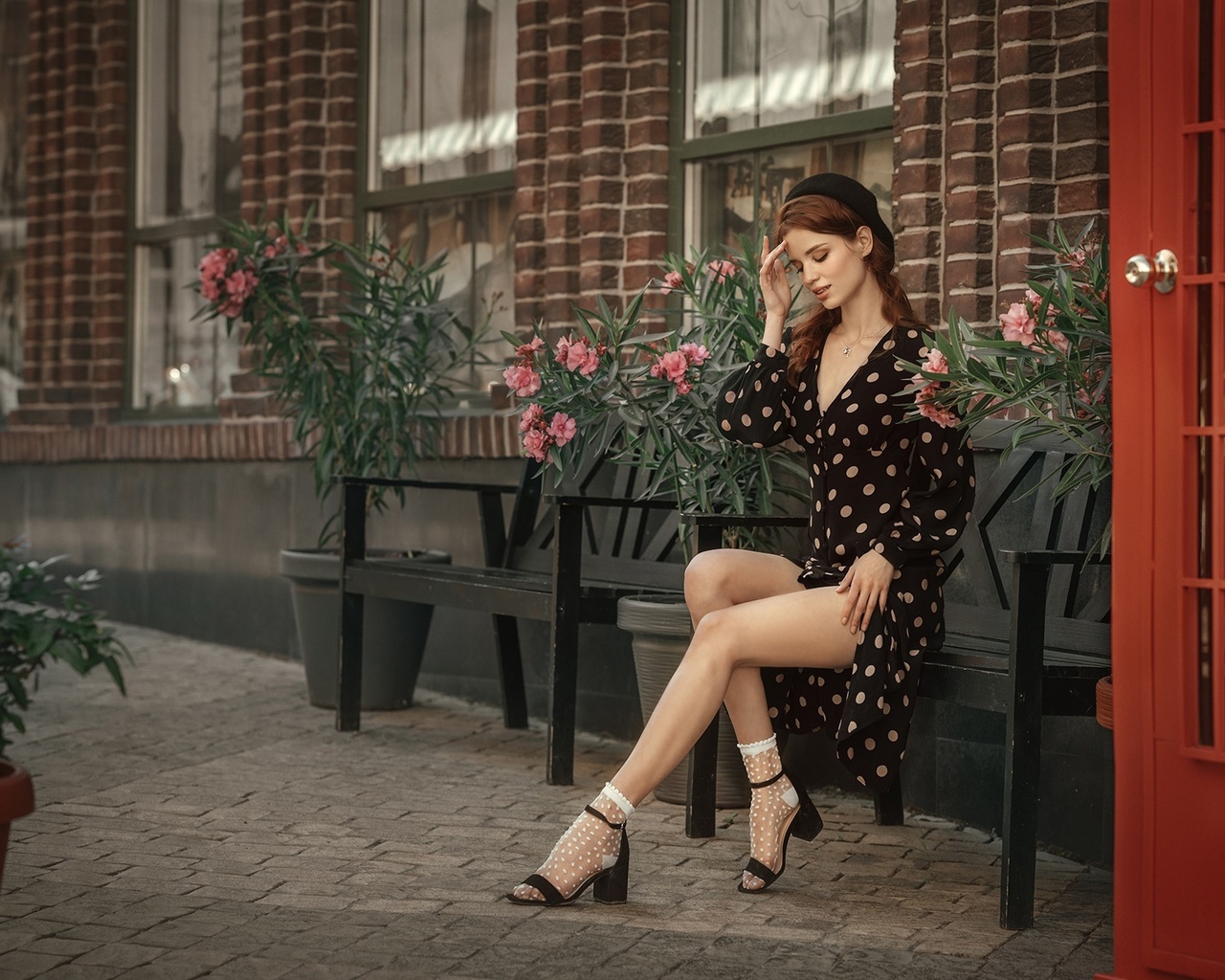 women, model, brunette, women outdoors, polka dots, dress, black dress, flowers, bench, legs