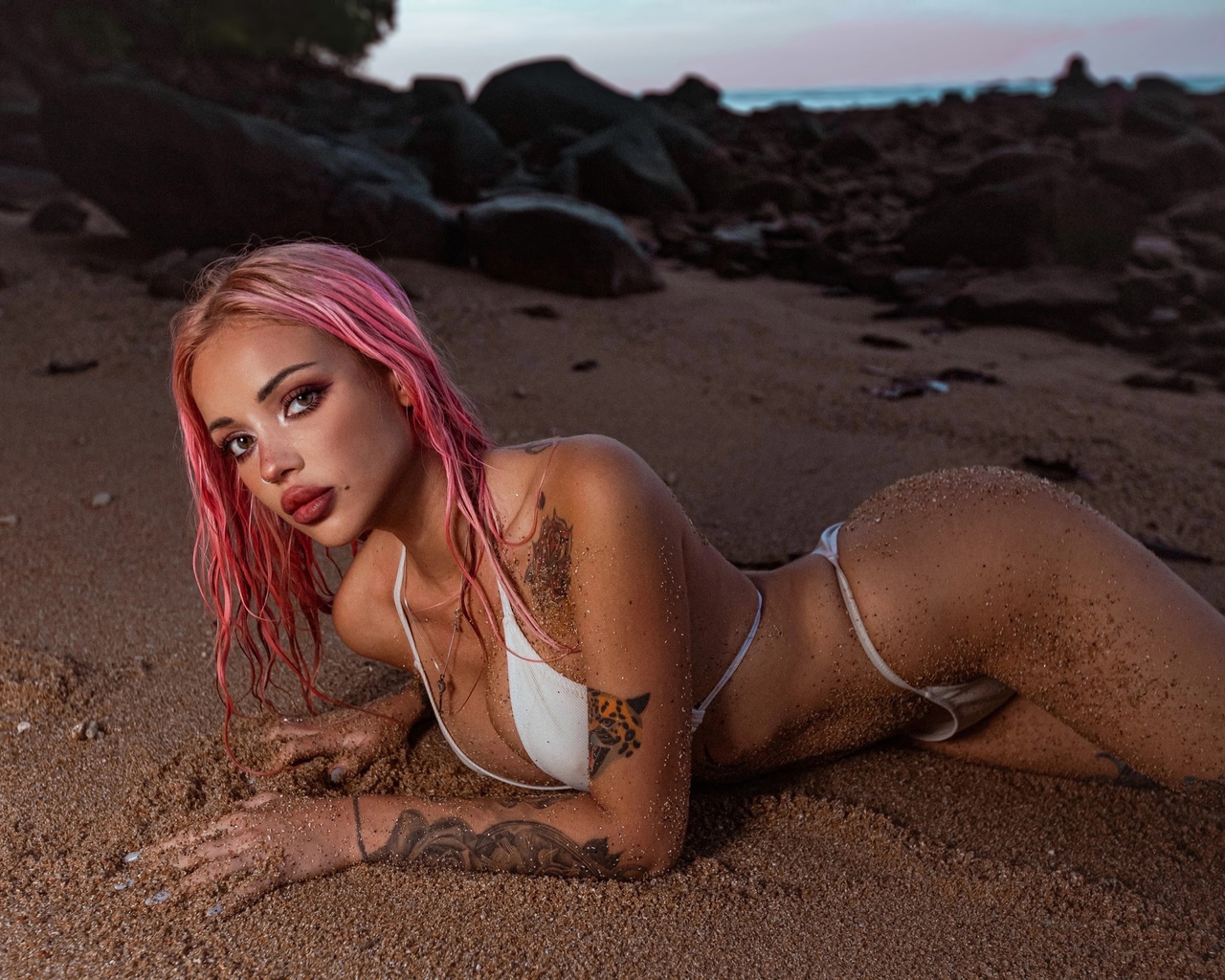 women, bikini, white bikini, hips, women, model, brunette, blonde, pink hair, tattoo, rocks