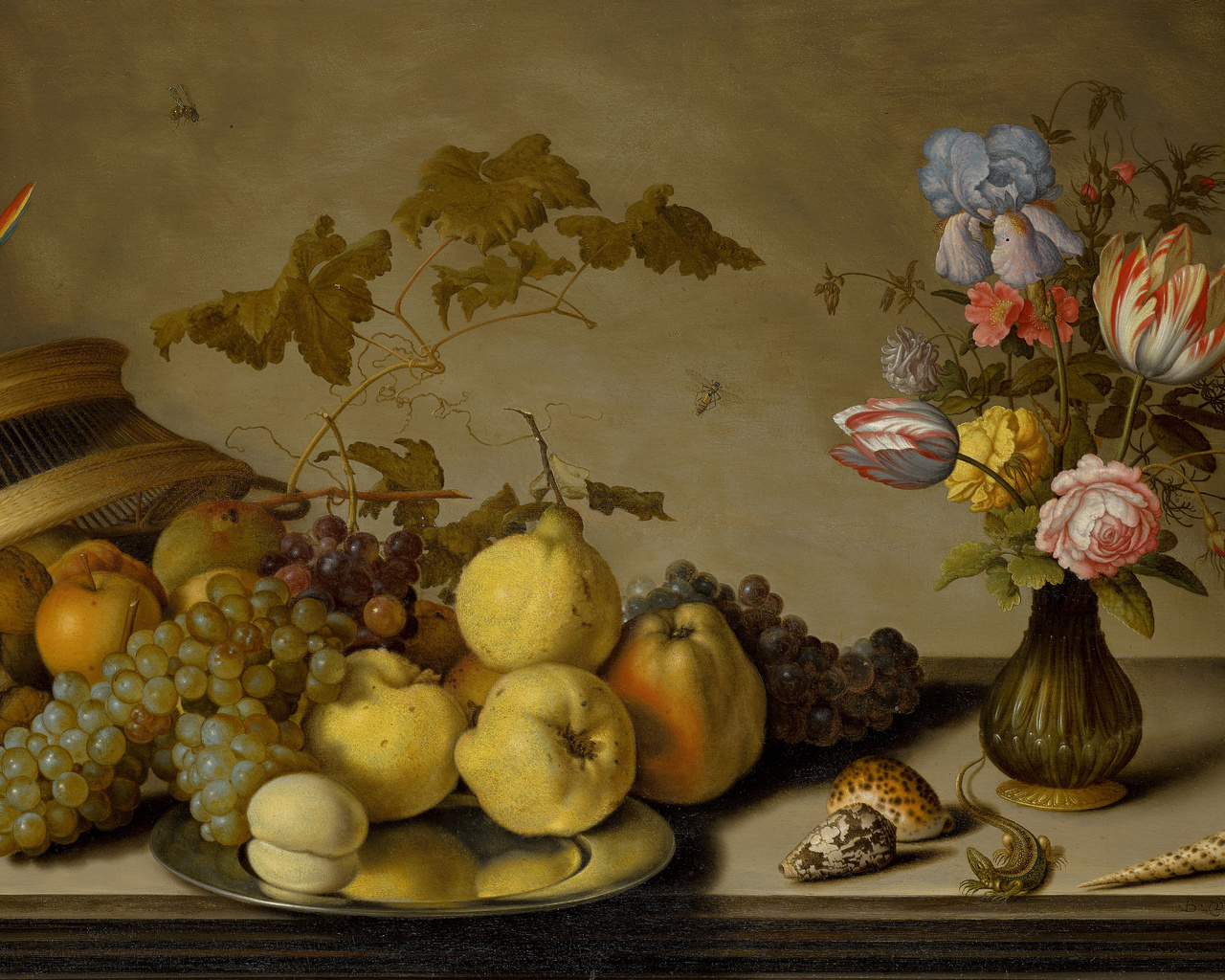 balthasar van der ast, dutch golden age, a still life of fruit on a pewter plate