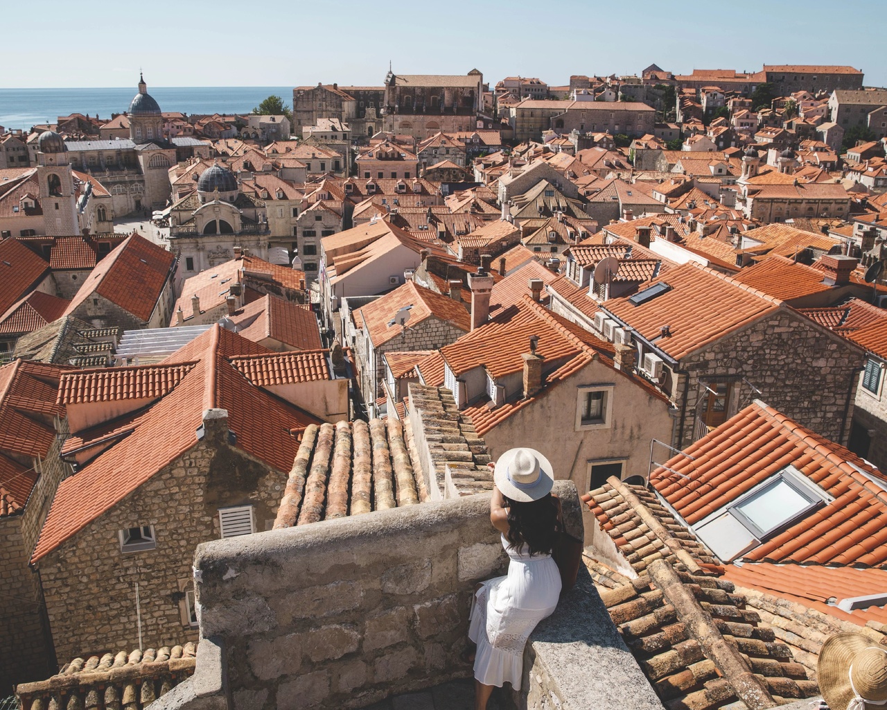 view from the city wall, domes of dubrovnik cathedral, bell tower, st blaises church, dubrovnik, croatia