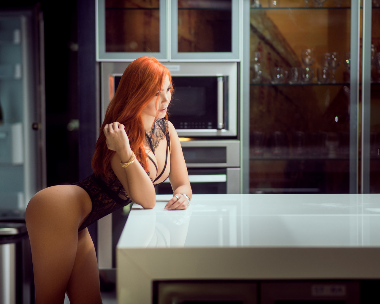 women, model, redhead, women indoors, bodysuit, ass, kitchen, hips, black bodysuit, table, cleavage, boobs, curvy