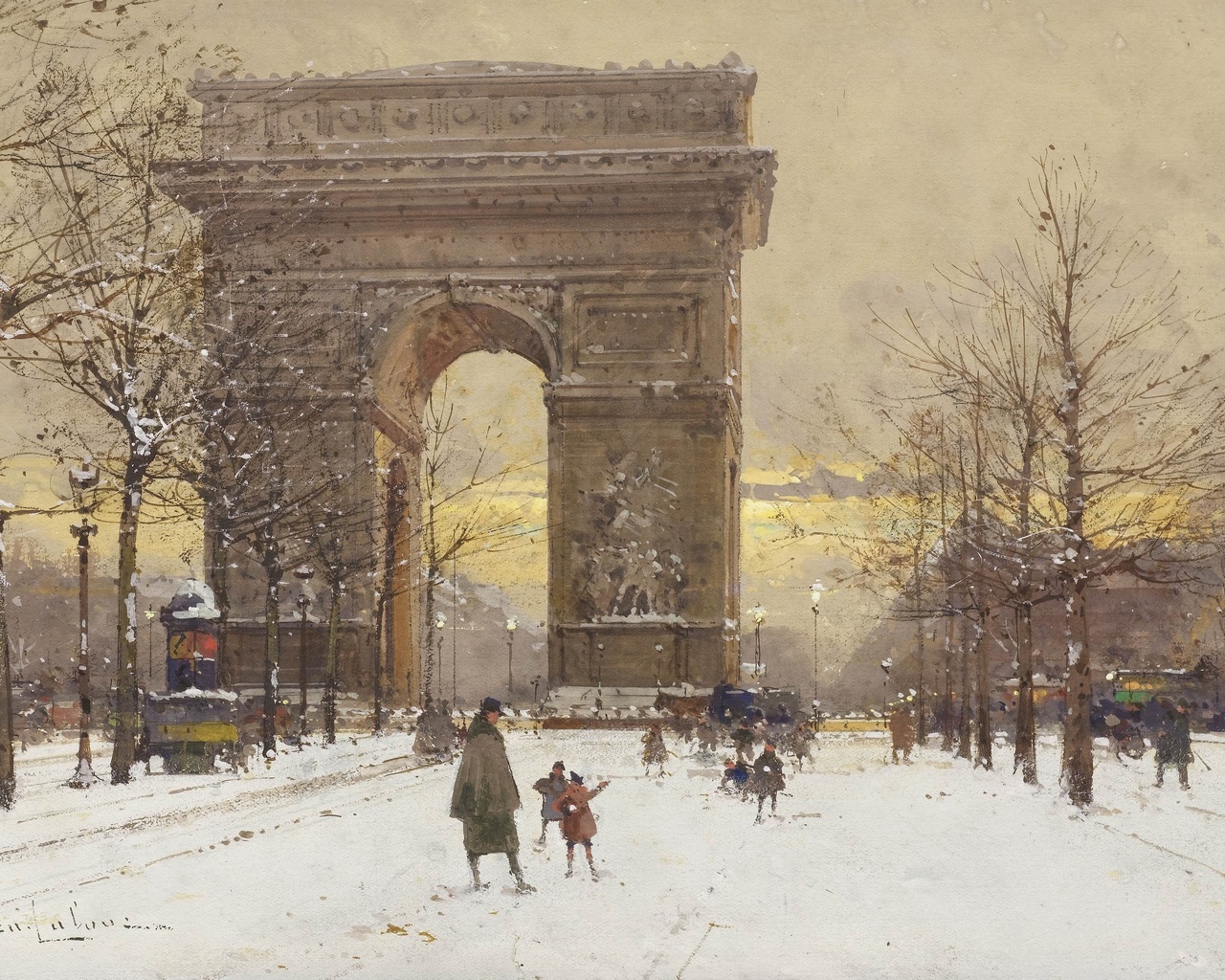 eugene galien-laloue, french, arc de triomphe in winter