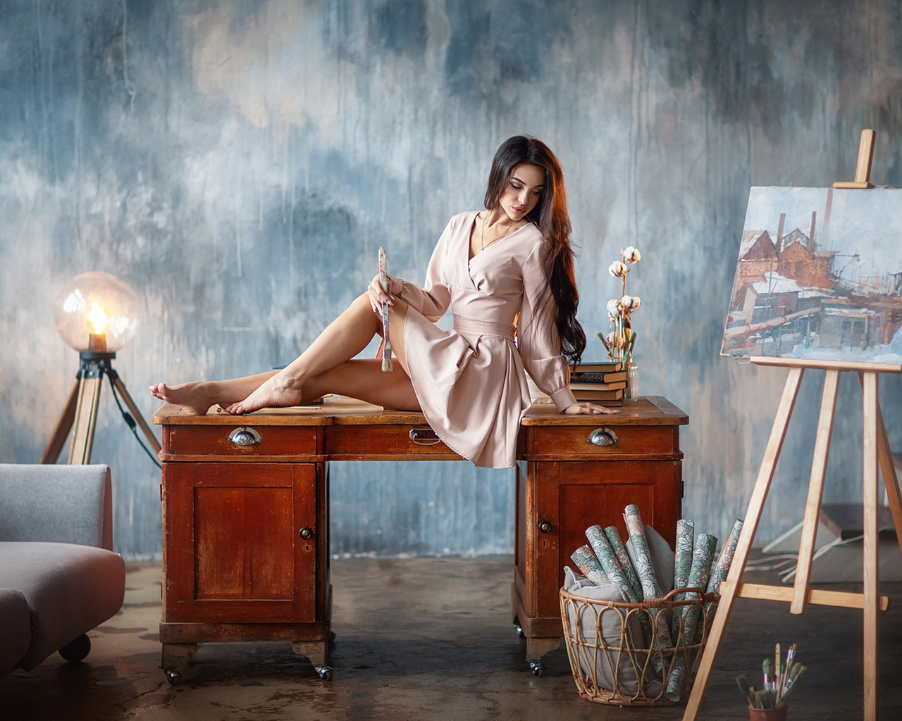 anastasia barmina, women, model, brunette, women indoors, dress, easel, couch, desk, women indoors, picture