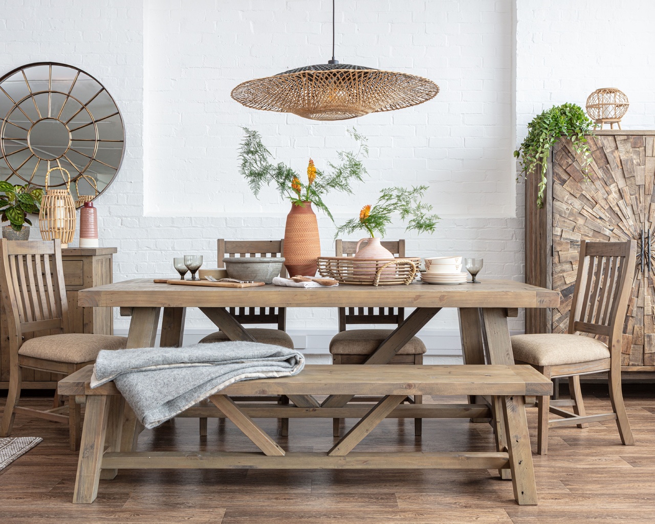 dining table, oak bench, scandinavian style dining room interior