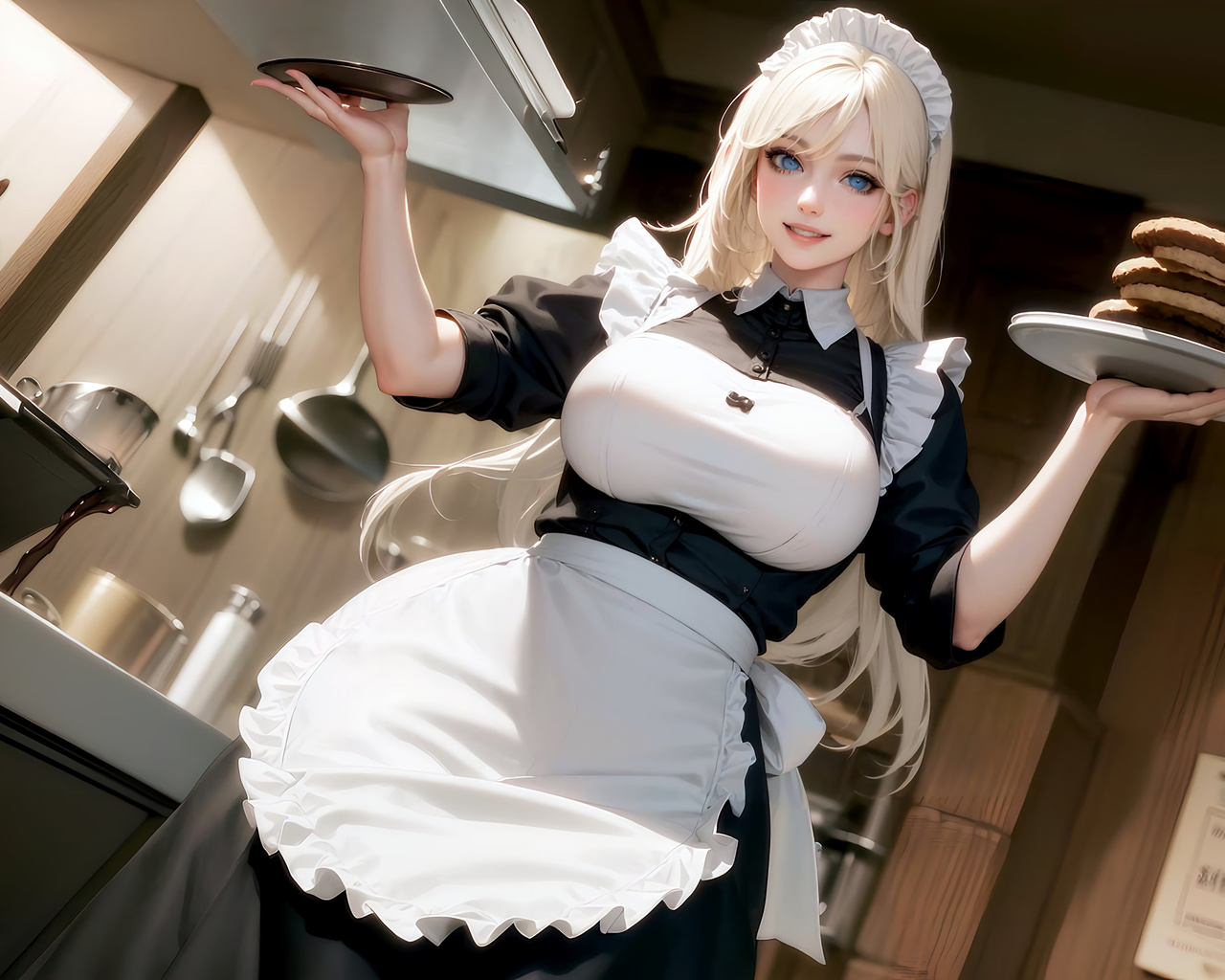 stable diffusion, ai art, blonde, women, maid outfit, maid, dress, kitchen, realistic, blue eyes, smiling, apron