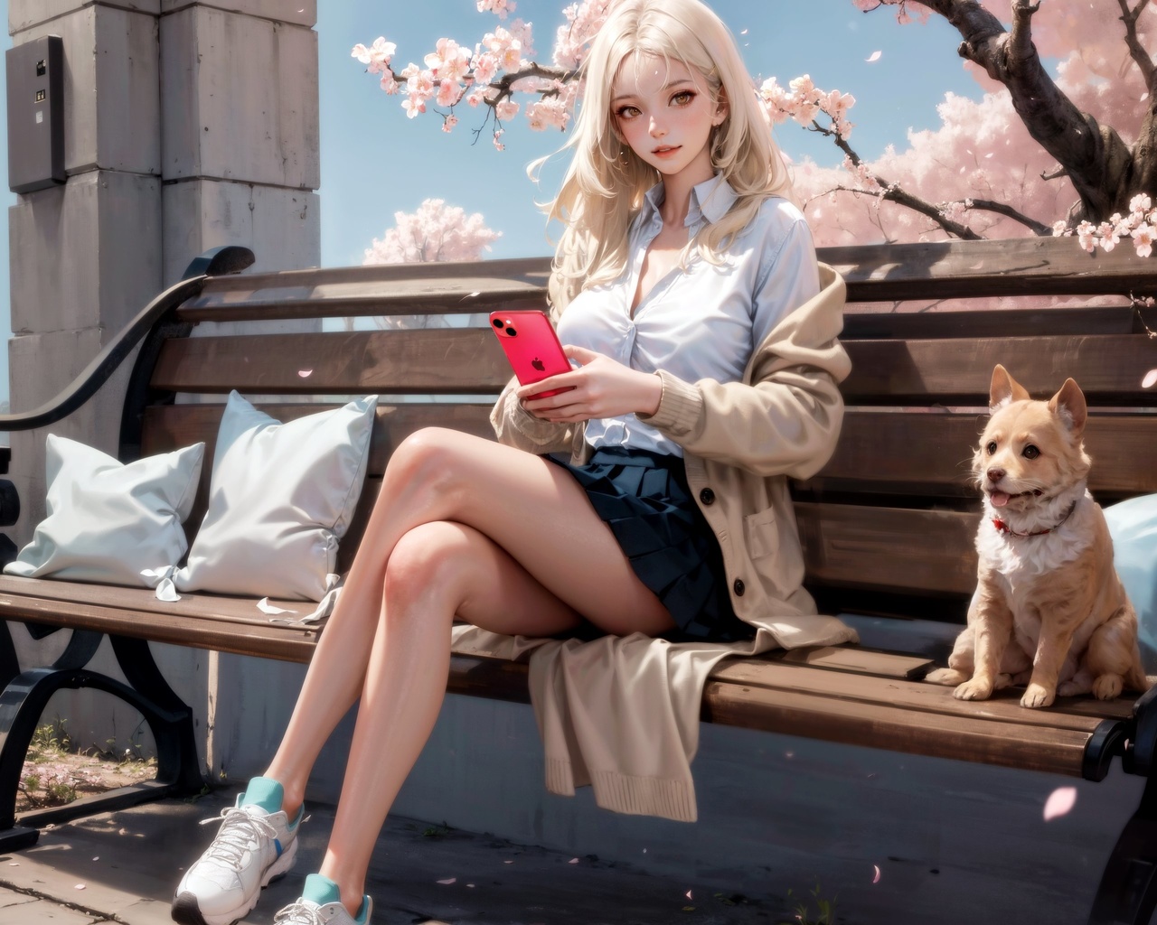 stable diffusion, ai art, blonde, women, dog, animals, bench, trees, sky, clouds, cherry blossom, skirt, white shirt, shirt, sweater, iphone, smartphone, legs crossed, sneakers, outdoors