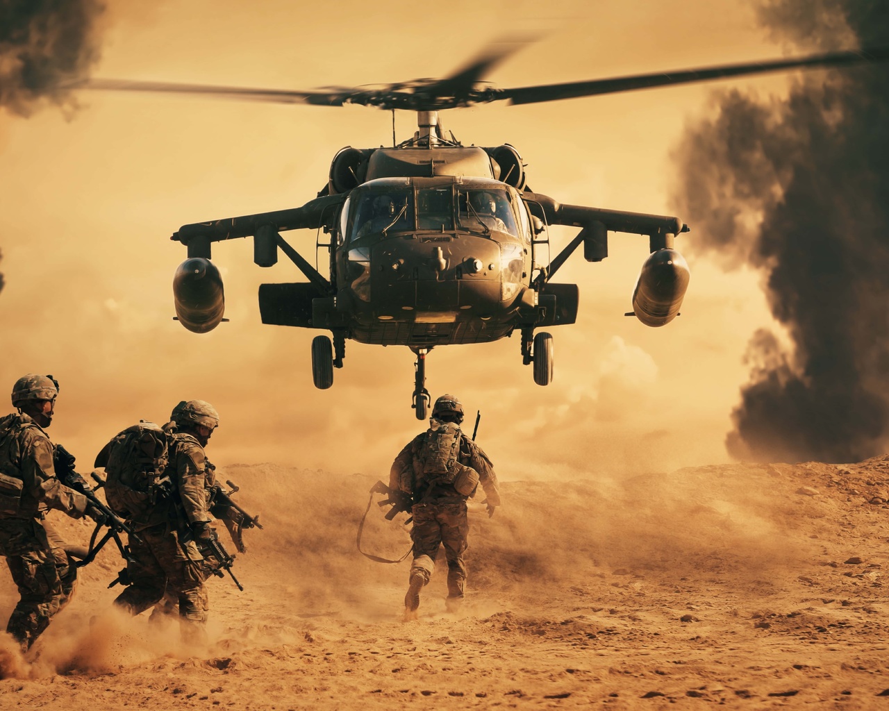 battlefield, soldiers, helicopter