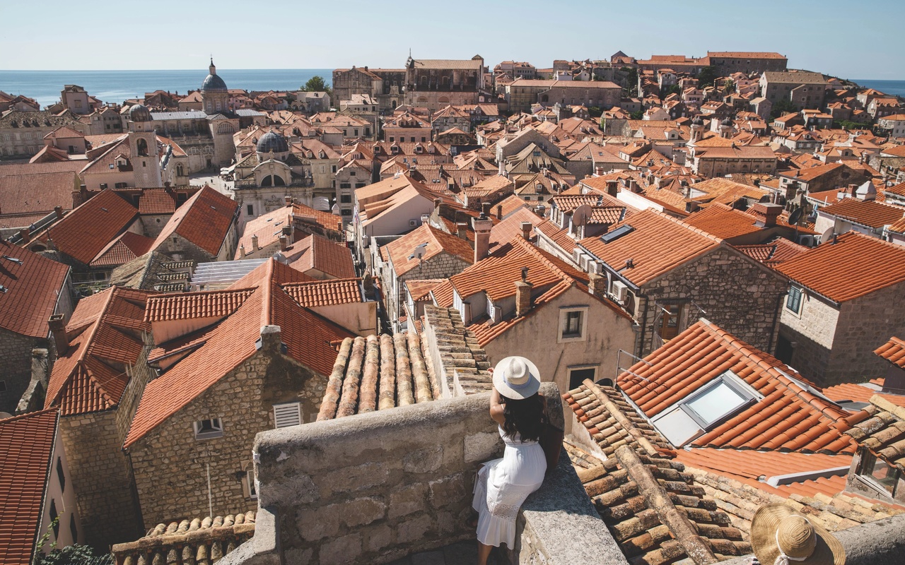 view from the city wall, domes of dubrovnik cathedral, bell tower, st blaises church, dubrovnik, croatia