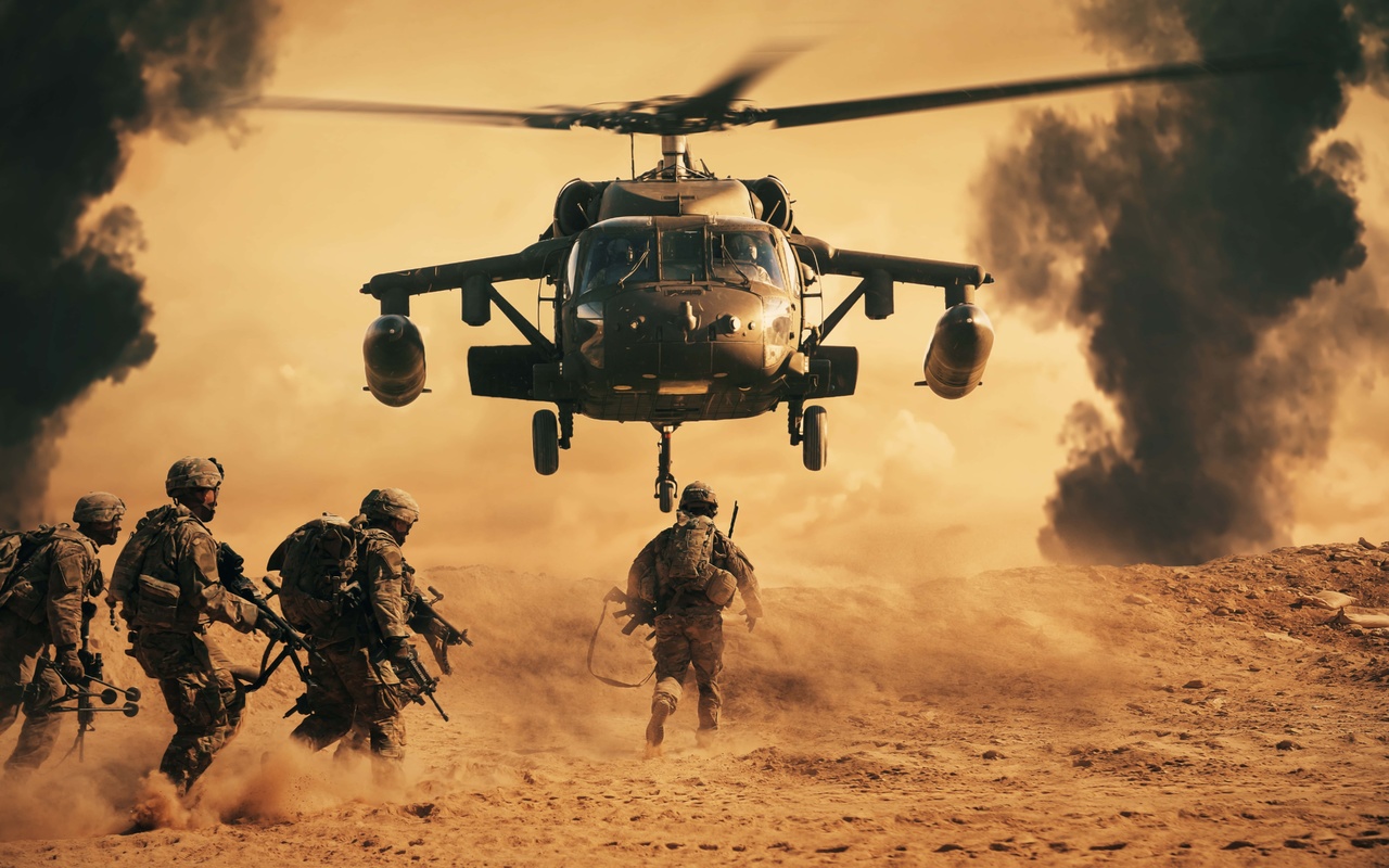 battlefield, soldiers, helicopter