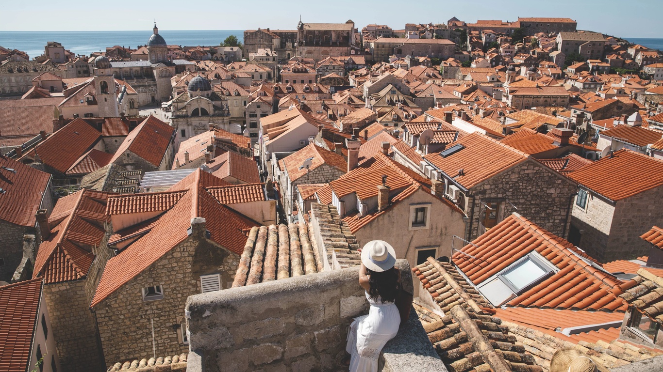 view from the city wall, domes of dubrovnik cathedral, bell tower, st blaises church, dubrovnik, croatia