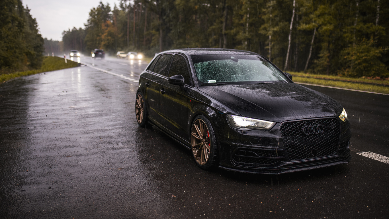 audi, audi rs3, rs3, black, rain, road