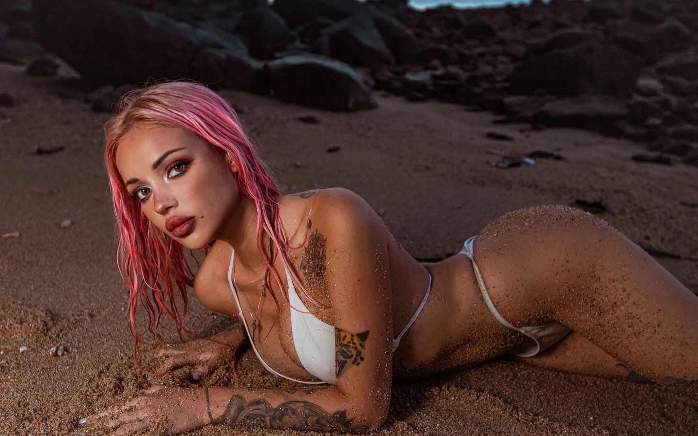 women, bikini, white bikini, hips, women, model, brunette, blonde, pink hair, tattoo, rocks