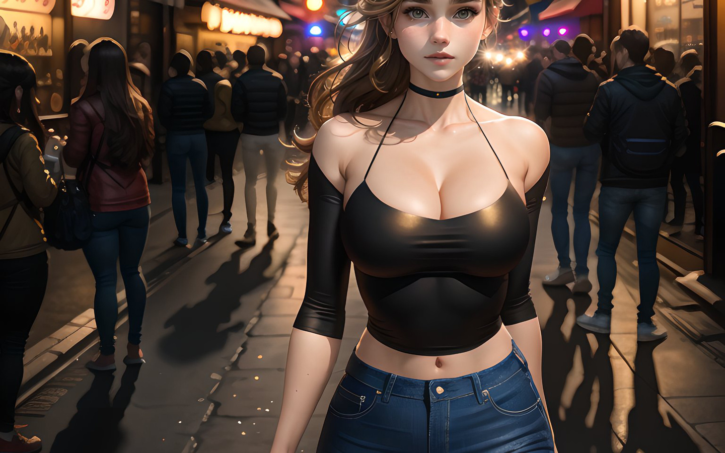 women, brunette, ai art, jeans, neckline, street, people, men, green eyes, night, choker, skinny jeans