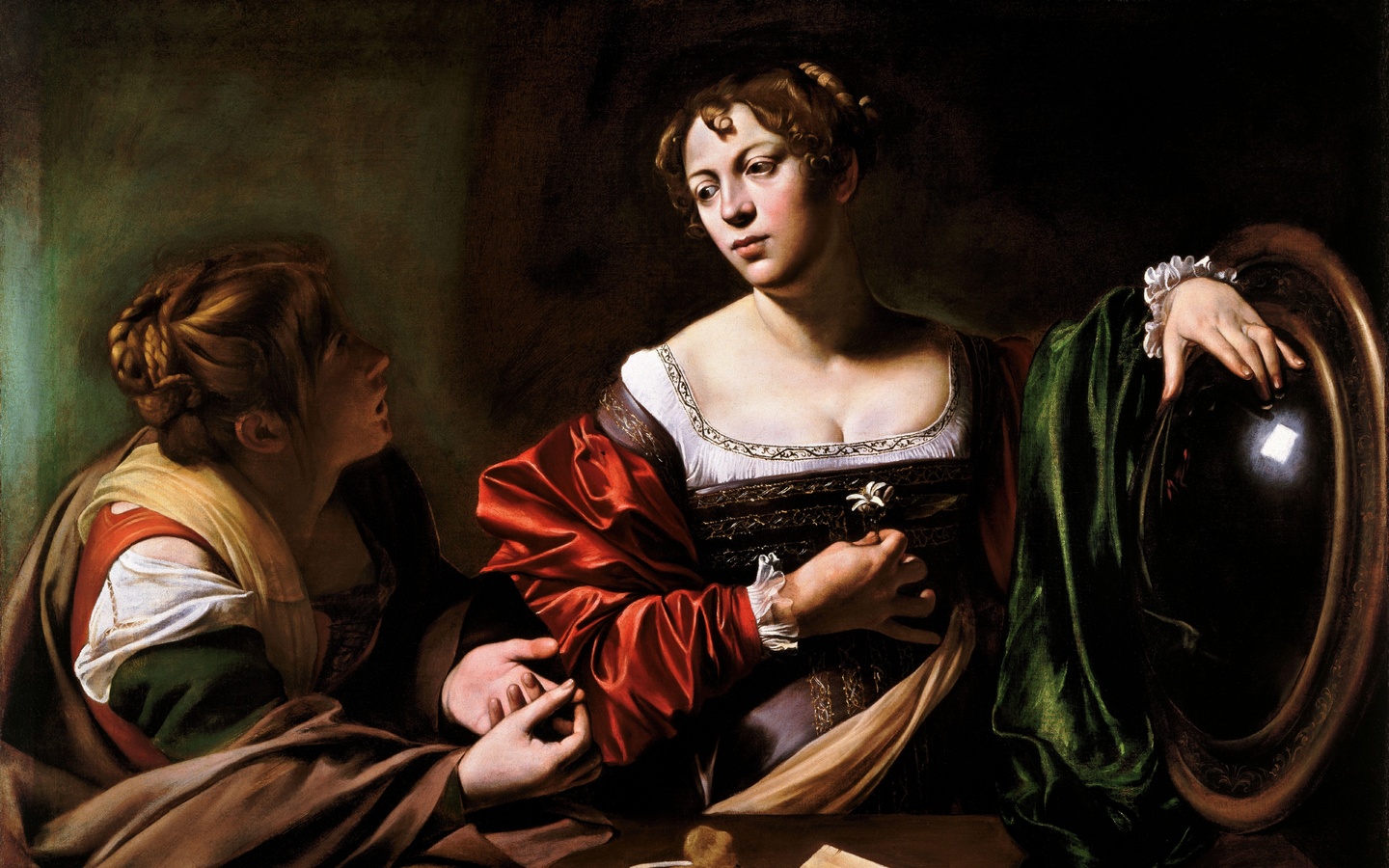 caravaggio, italian, 1598, martha and mary magdalene, detroit institute of arts