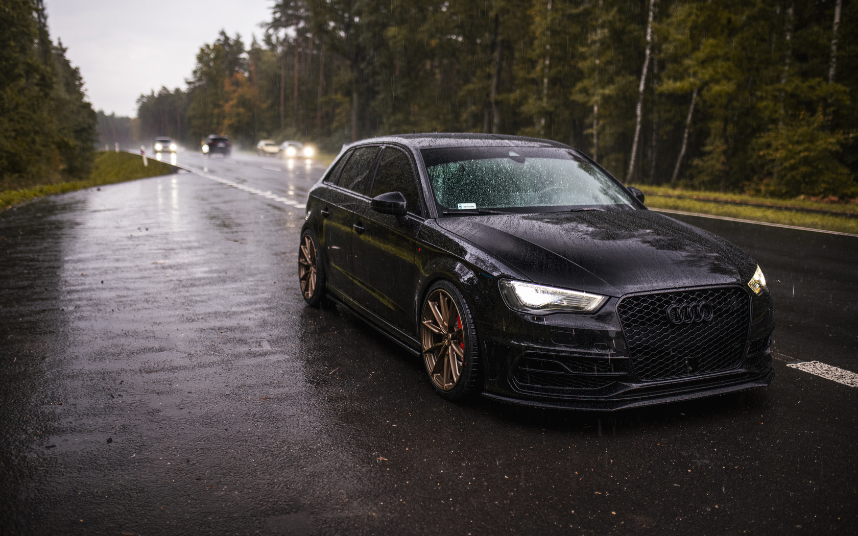 audi, audi rs3, rs3, black, rain, road