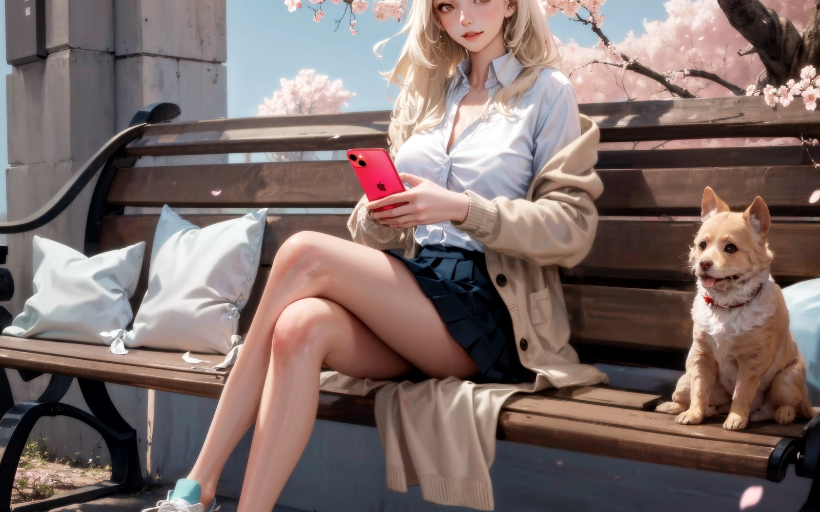 stable diffusion, ai art, blonde, women, dog, animals, bench, trees, sky, clouds, cherry blossom, skirt, white shirt, shirt, sweater, iphone, smartphone, legs crossed, sneakers, outdoors