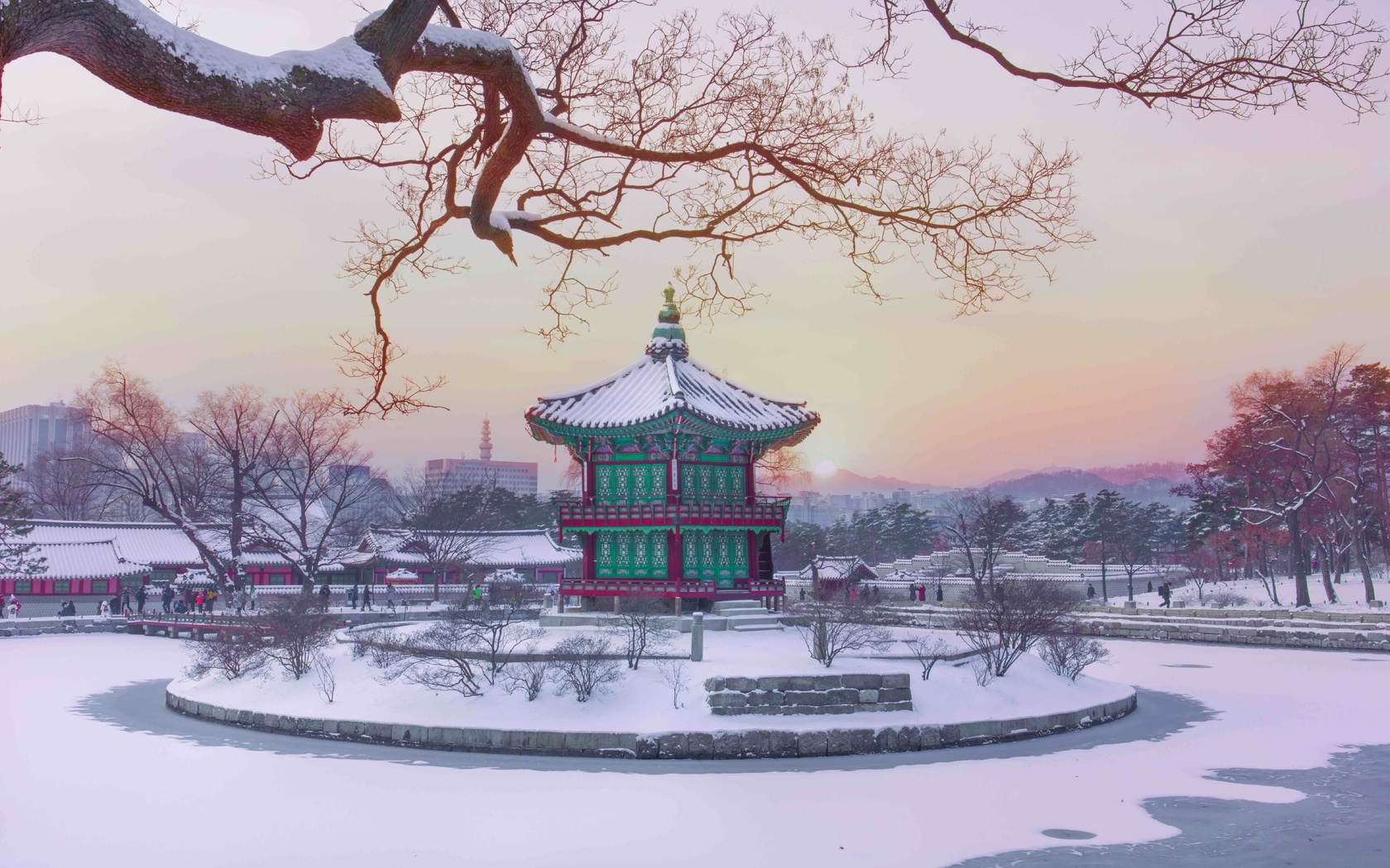 winter, gyeongbokgung, hyangwonjeong pavilion, bridge intoxicated with fragrance, seoul, south korea